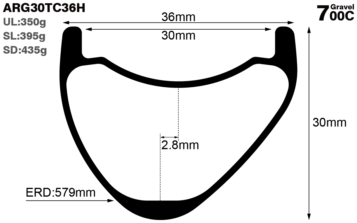 700c-I30-D30-asymmetric-road-bike-hookless-gravel-carbon-rims-and-wheels-profile-drawing