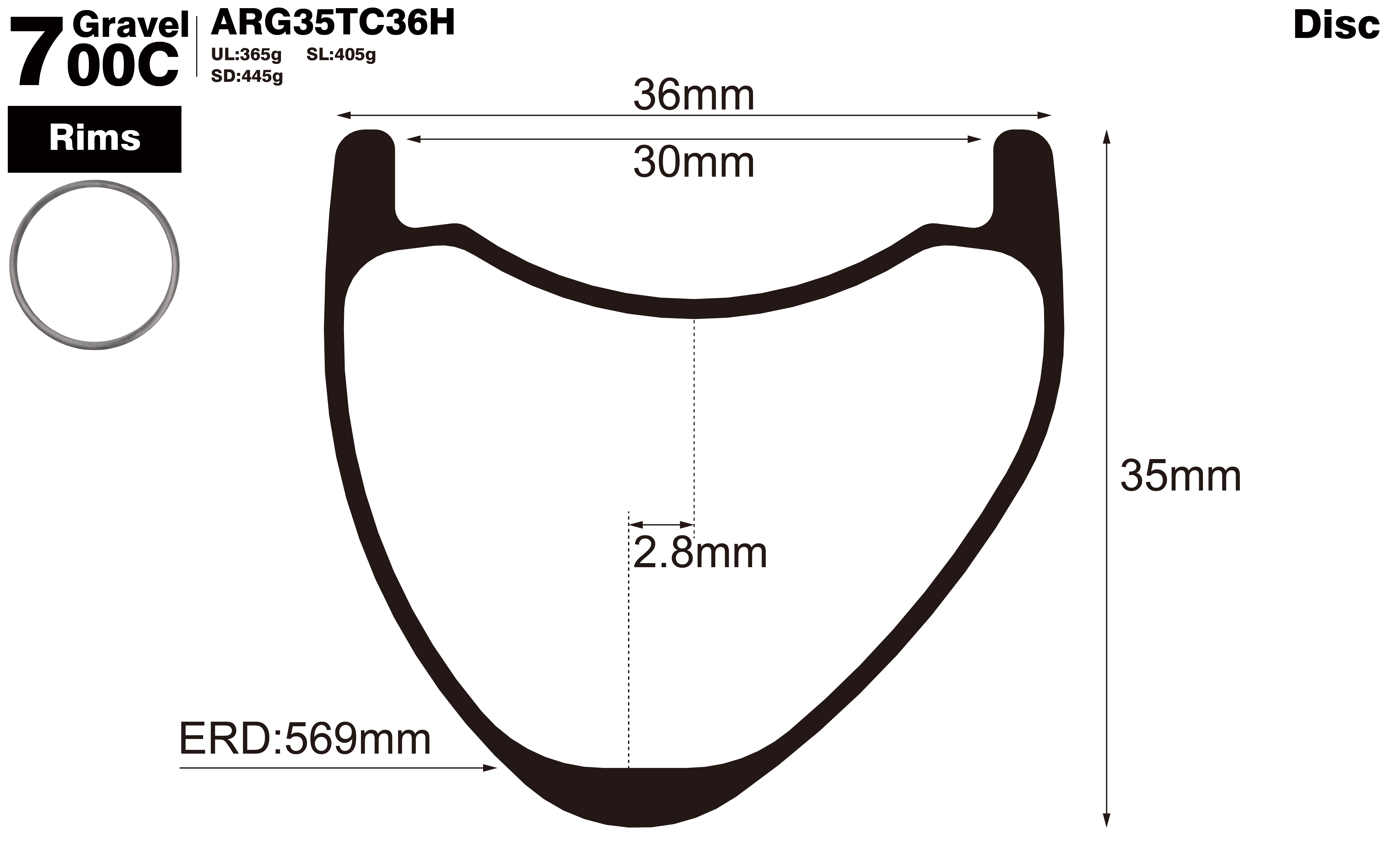700c-I30-D35-asymmetric-road-bike-hookless-gravel-carbon-rims-profile-drawing