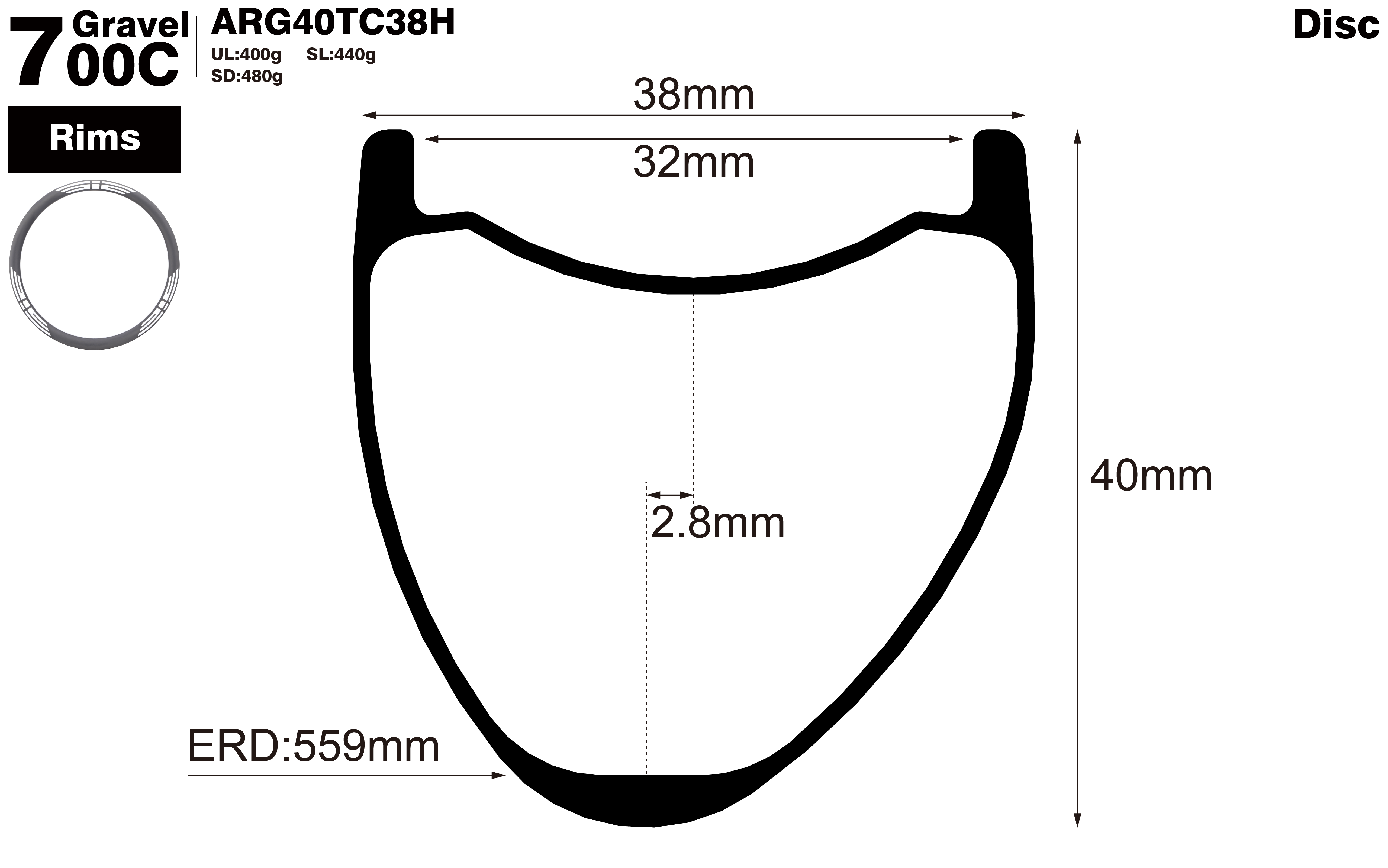 700C-I32-D40-asymmetric-road-bike-hookless-gravel-carbon-rims-profile-drawing
