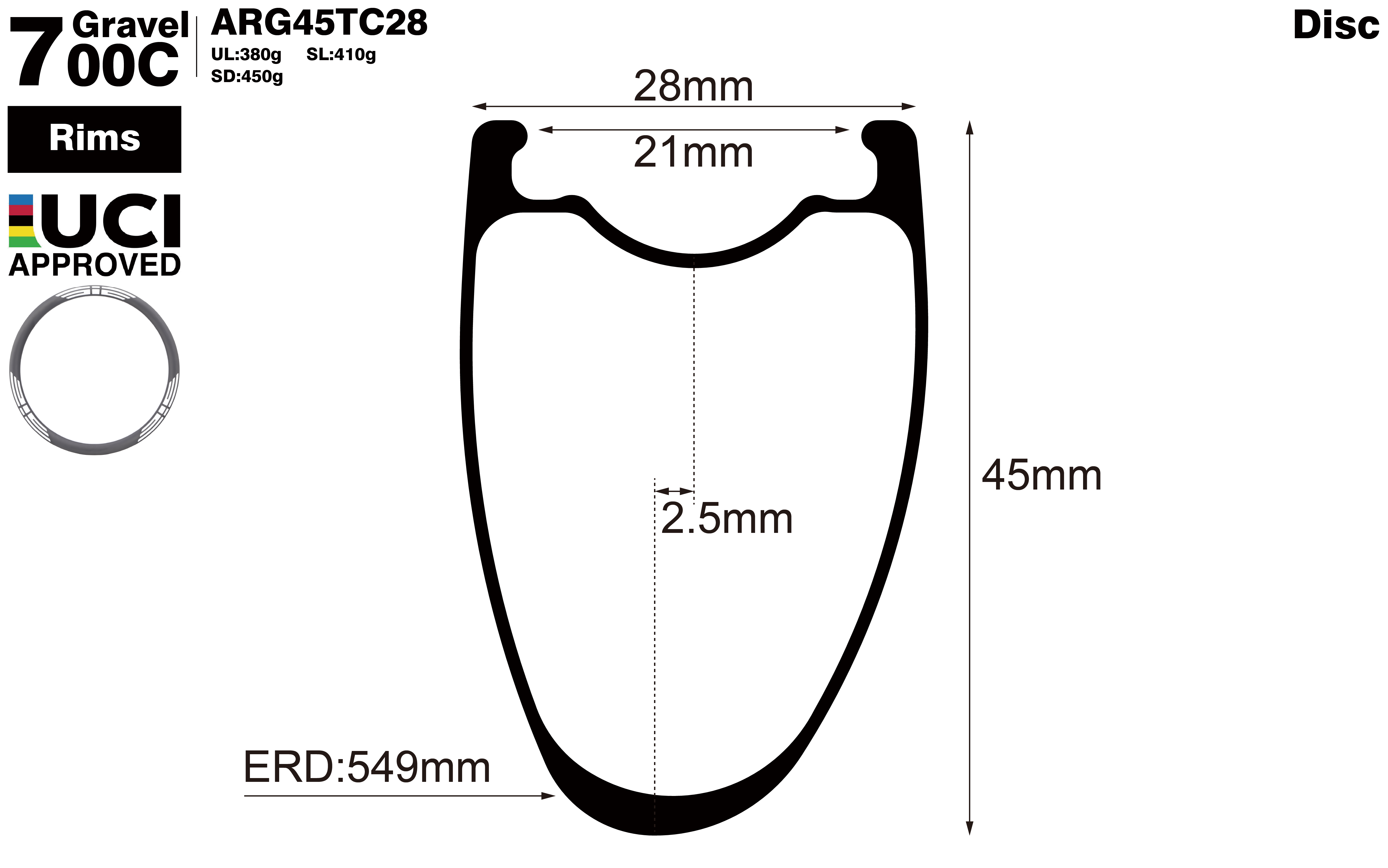 700C-I21-D45-asymmetric-road-bike-hook-gravel-carbon-rims-profile-drawing