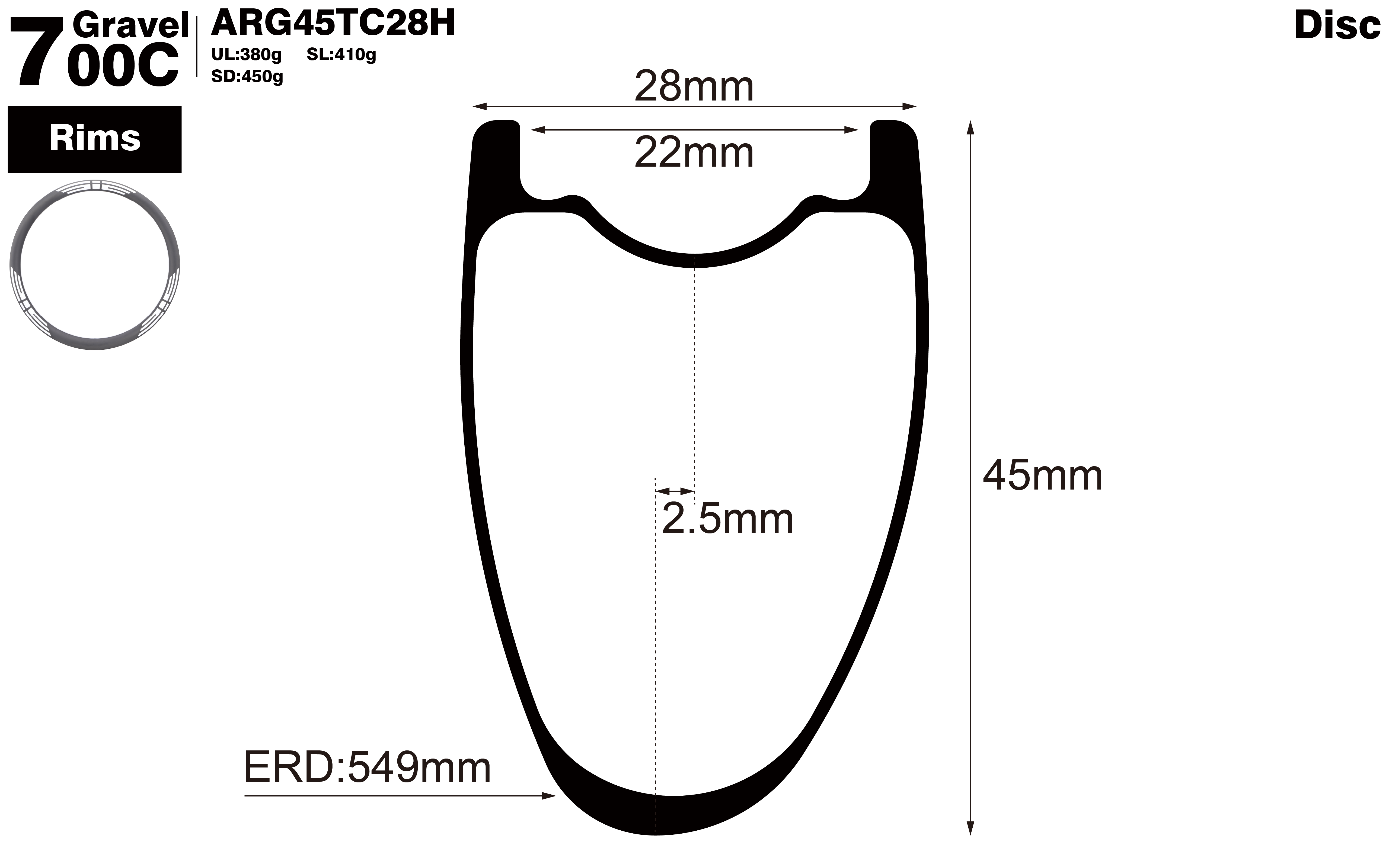 700c-I22-D45-asymmetric-road-bike-hookless-gravel-carbon-rims-profile-drawing