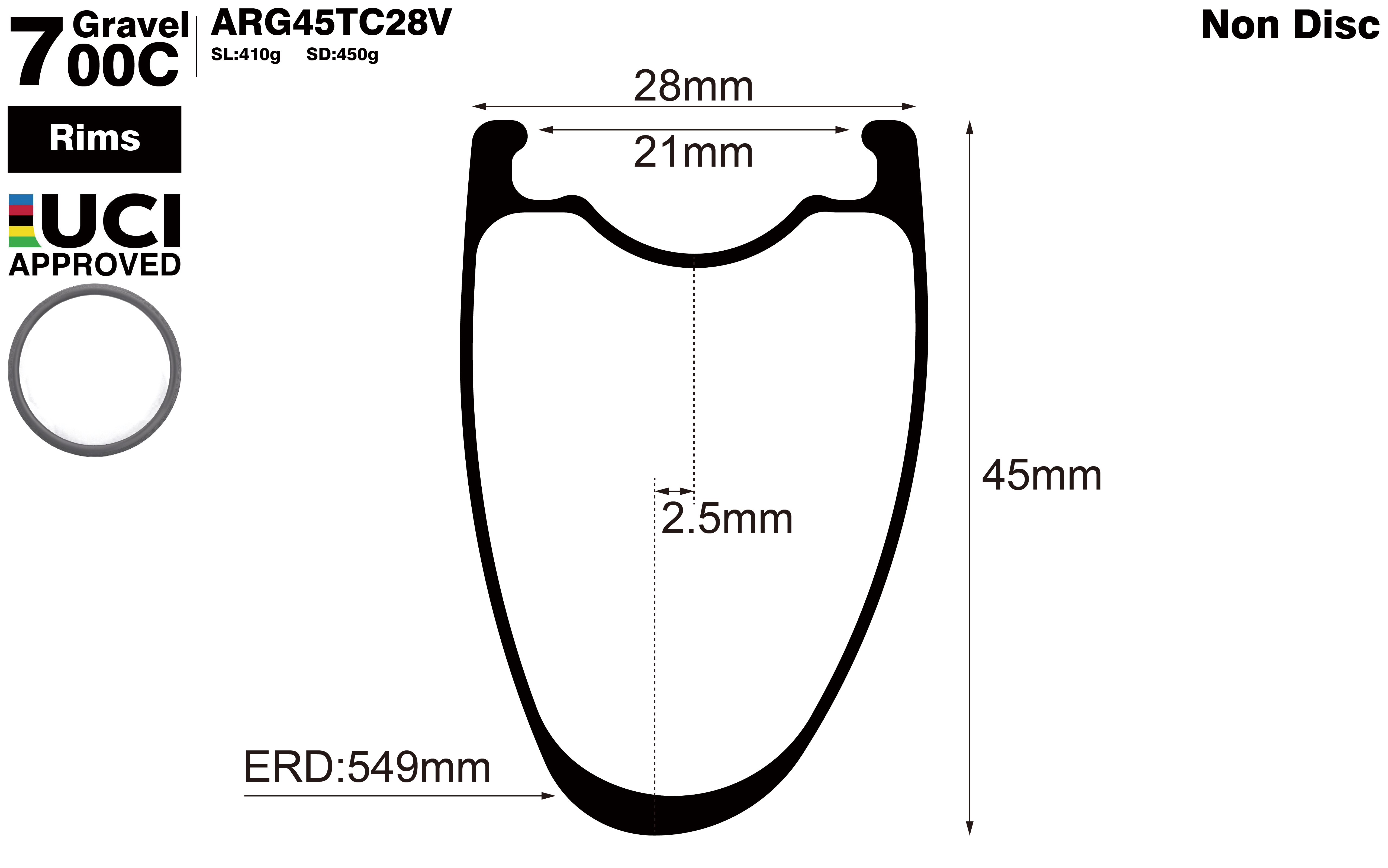 700C-I21-D45-asymmetric-road-bike-hook-clincher-carbon-rims-profile-drawing