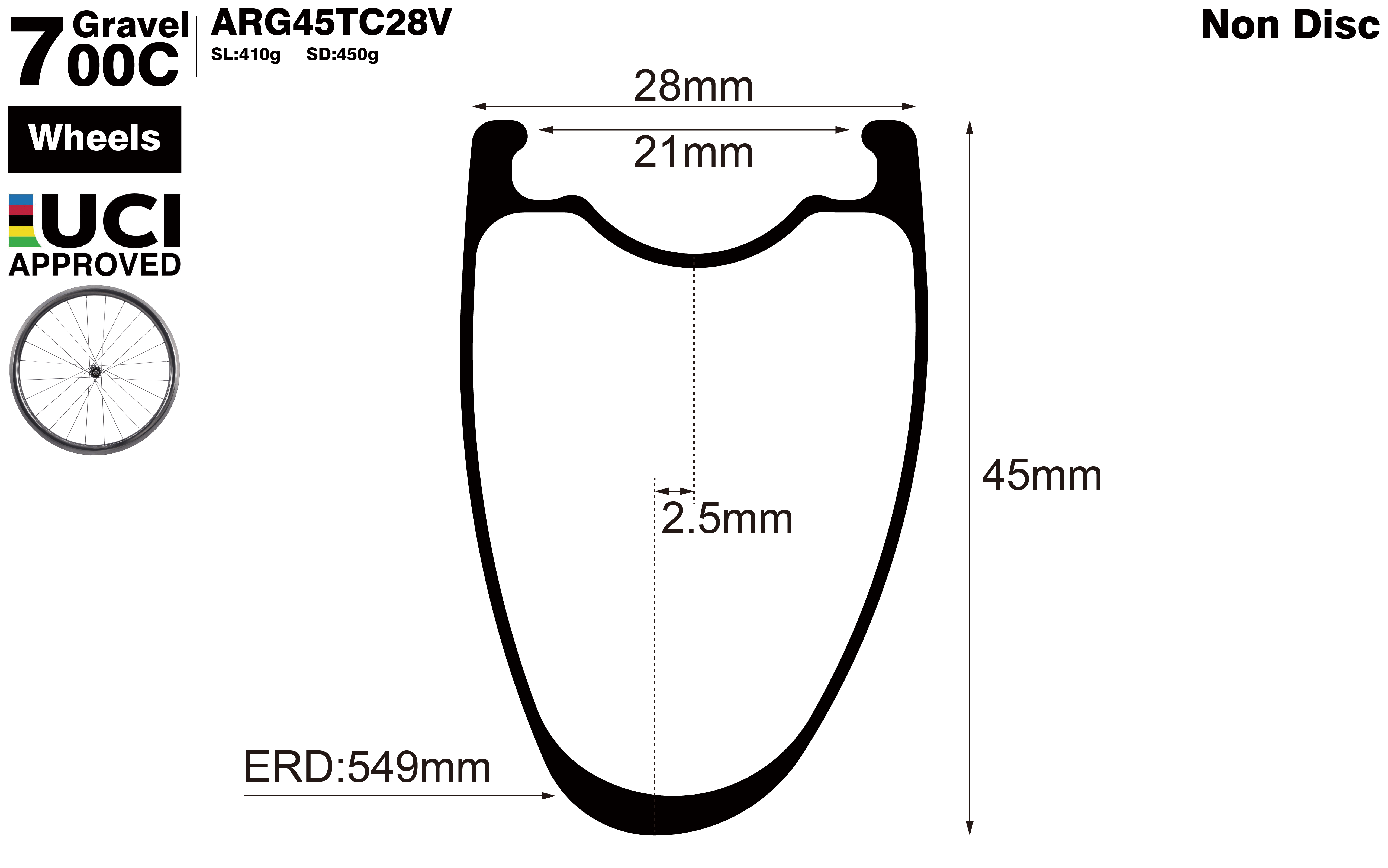 700C-I21-D45-asymmetric-road-bike-hook-clincher-carbon-wheels-profile-drawing