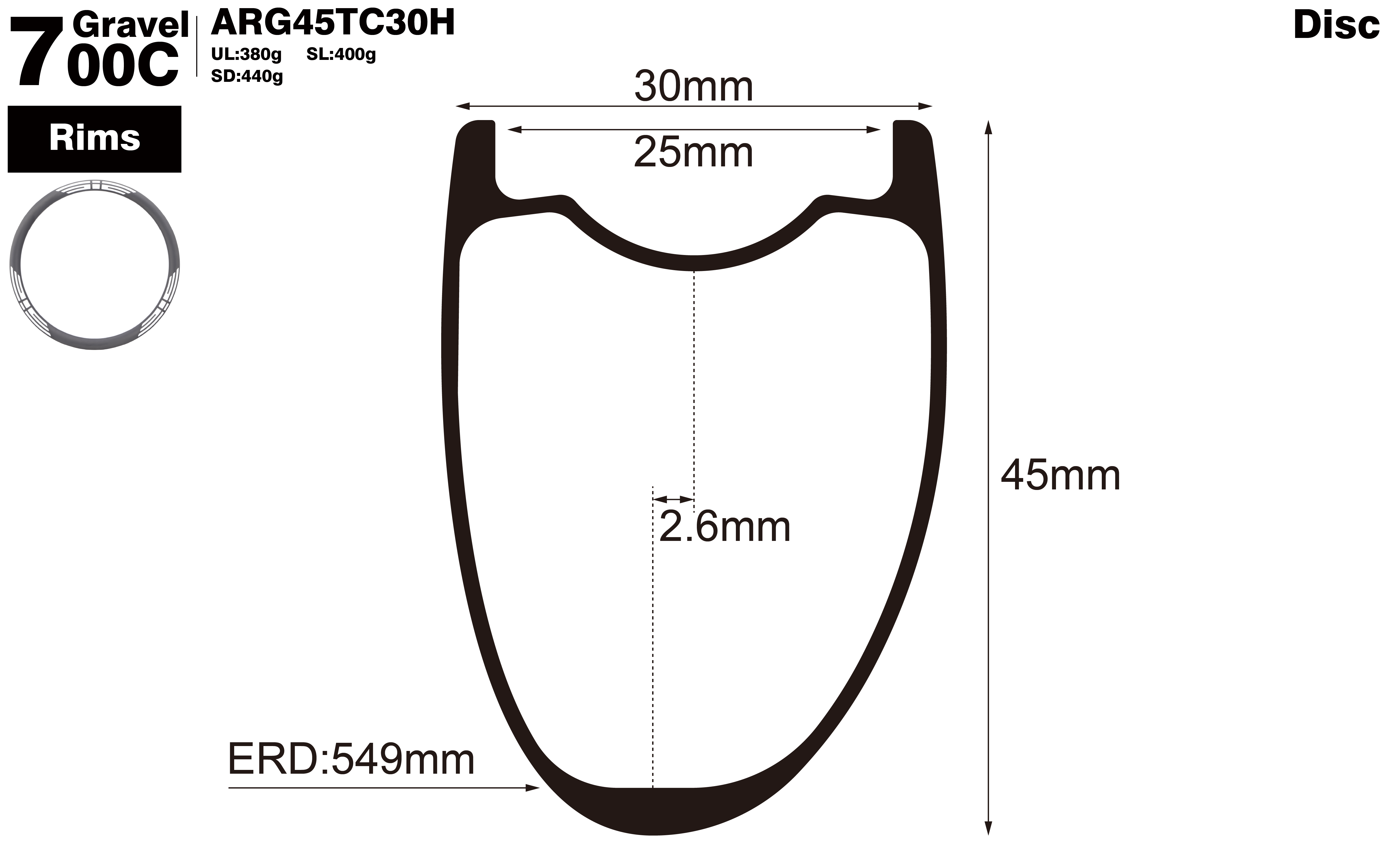 700C-I25-D45-asymmetric-road-bike-hookless-gravel-carbon-rims-profile-drawing