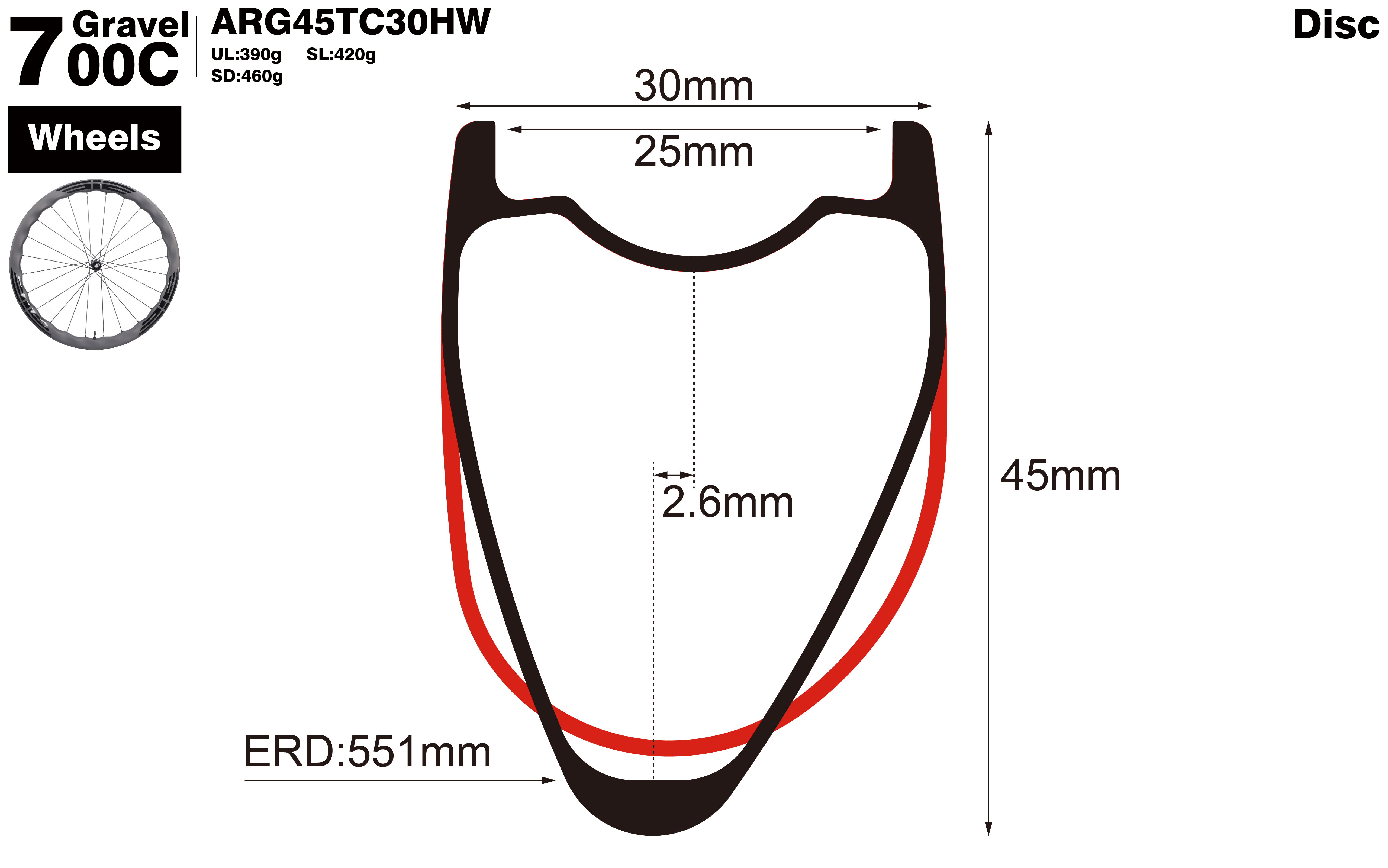 700C-I25-D45-asymmetric-road-bike-hookless-gravel-carbon-wheels-profile-drawing