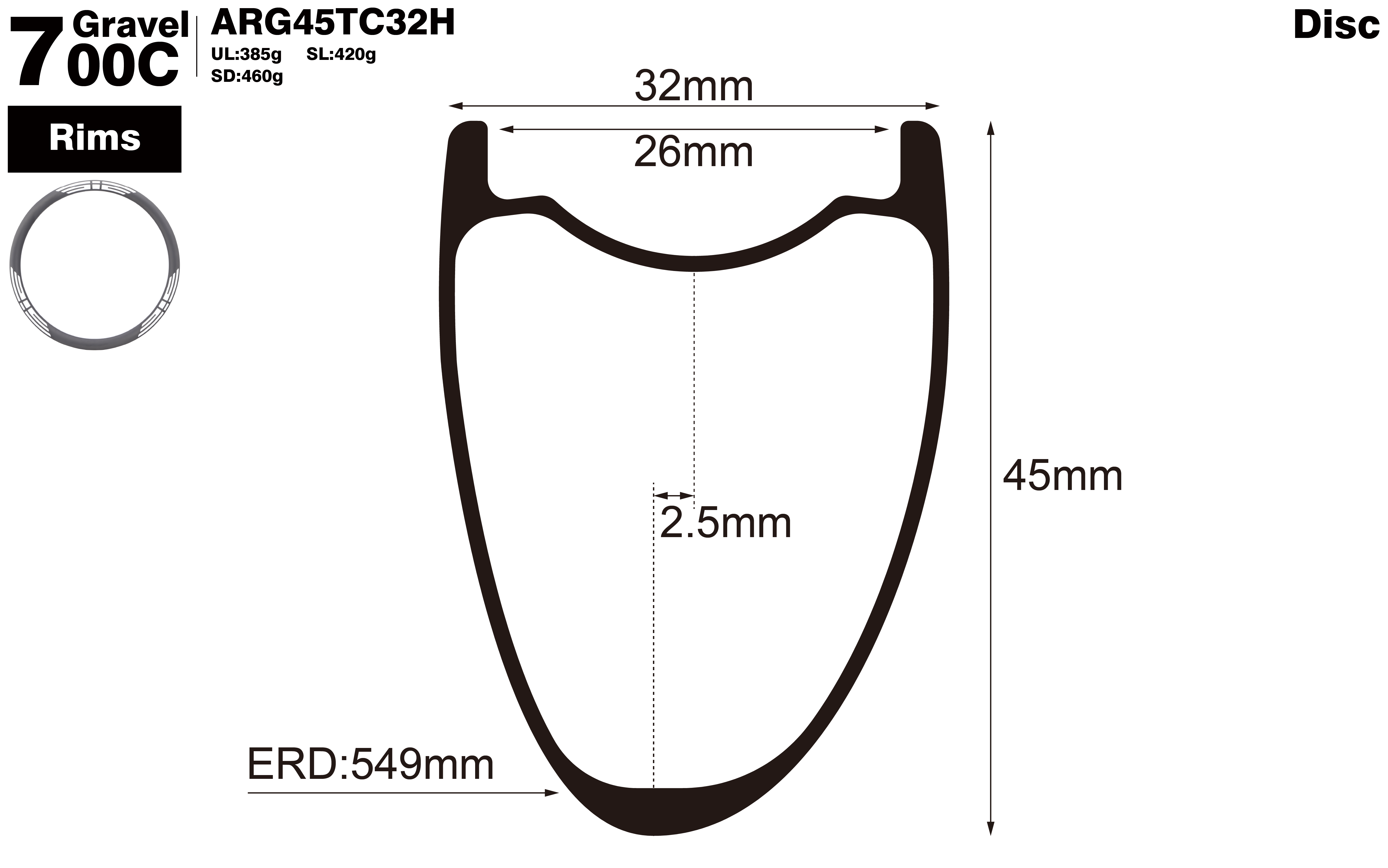 700C-I26-D45-asymmetric-road-bike-hookless-gravel-carbon-rims-profile-drawing