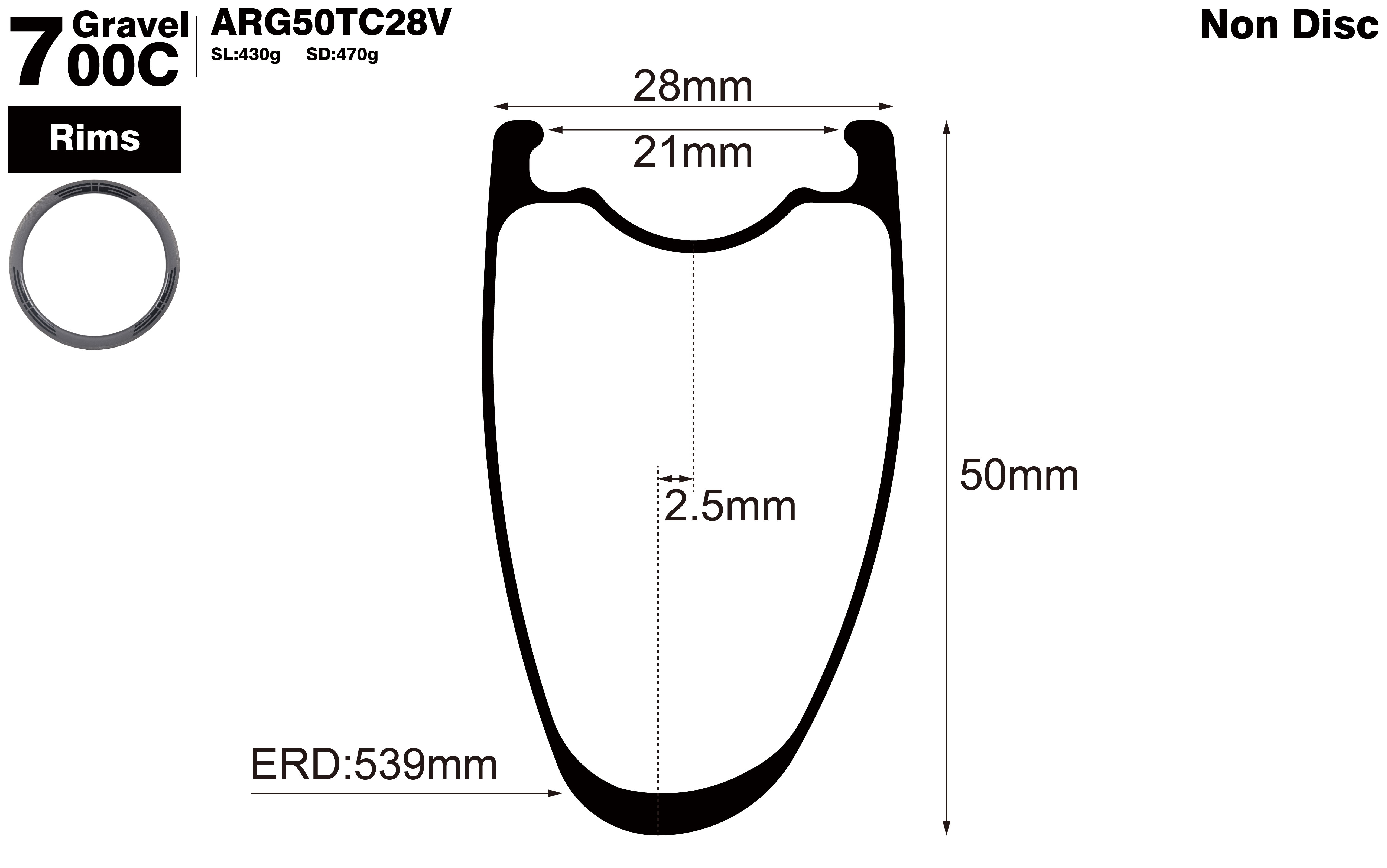 700C-I21-D50-asymmetric-road-bike-hook-clincher-carbon-rims-profile-drawing