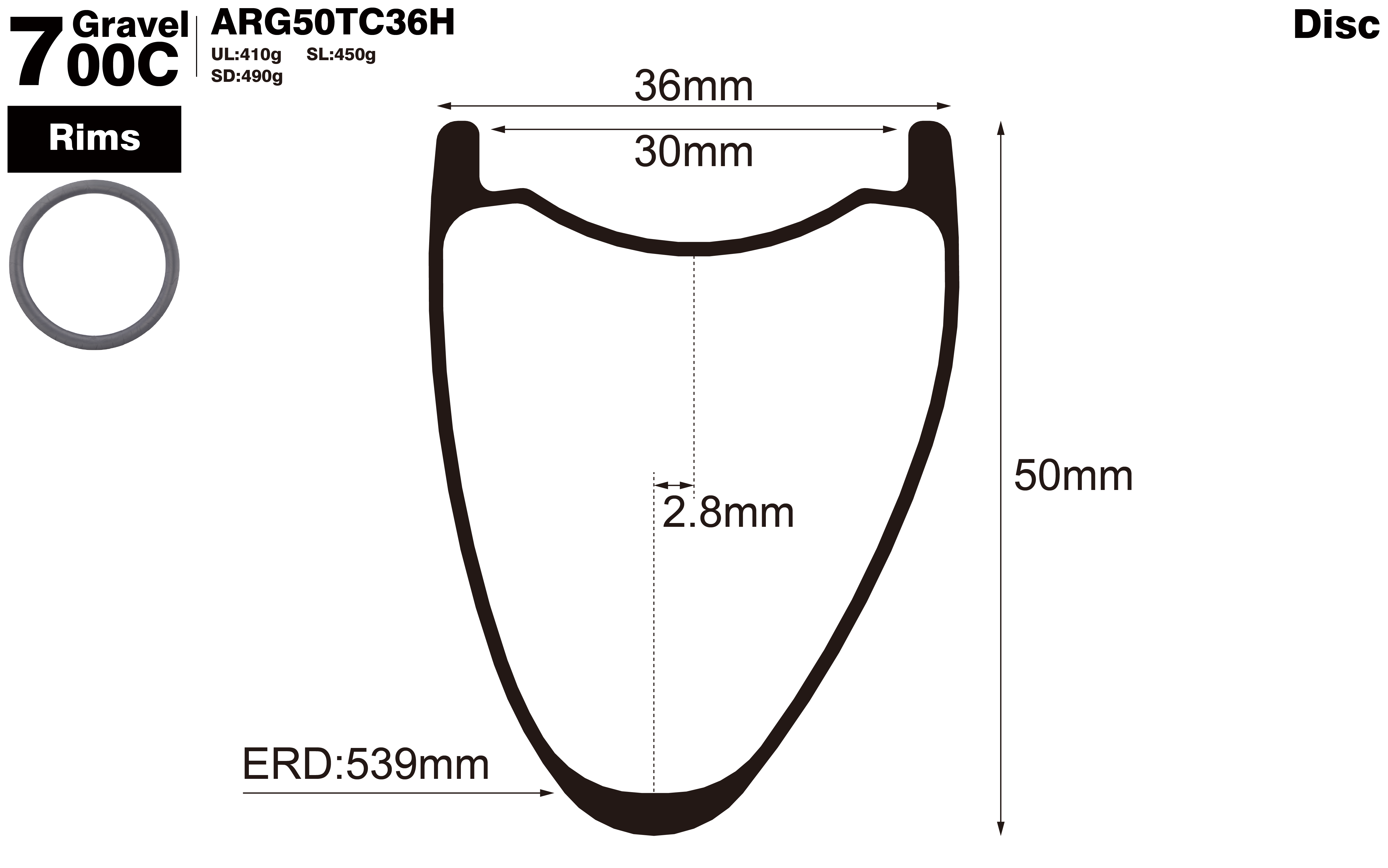 700c-I30-D50-asymmetric-road-bike-hookless-gravel-carbon-rims-profile-drawing