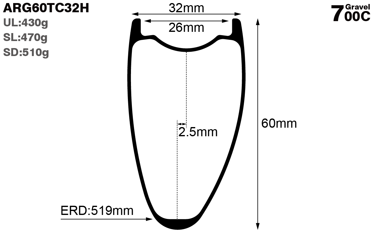 700c-I26-D60-asymmetric-road-bike-hookless-gravel-carbon-rims-and-wheels-profile-drawing