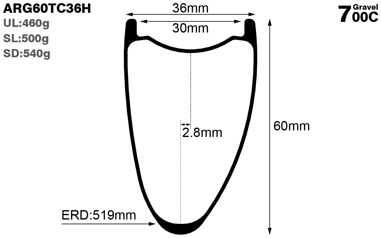 700c-I30-D60-asymmetric-road-bike-hookless-gravel-carbon-rims-and-wheels-profile-drawing