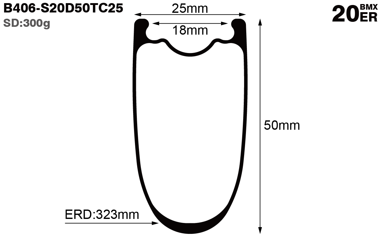 B406-20er-I18-D50-symmetric-BMX-bike-carbon-rims-and-wheels-profile-drawing