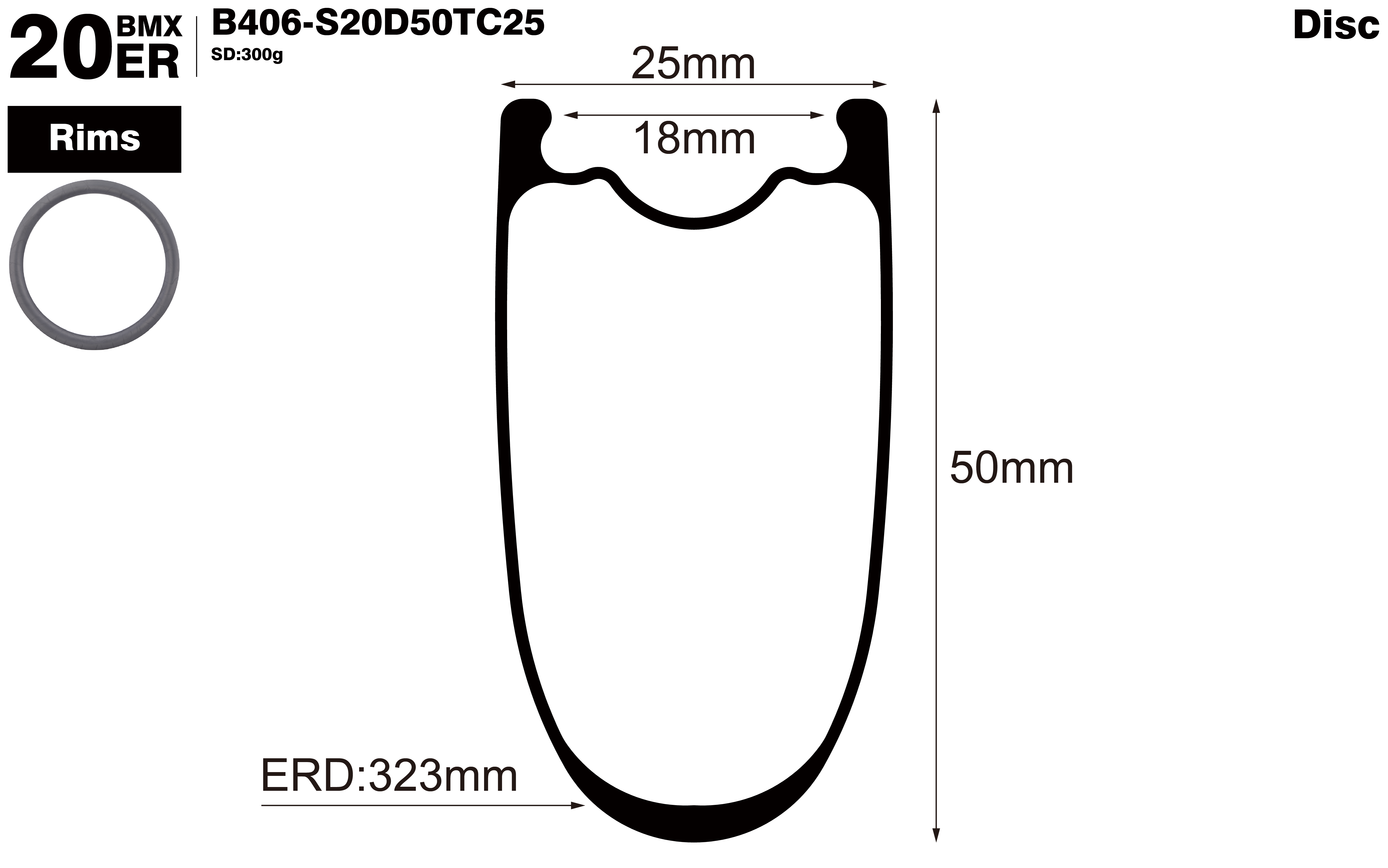 B406-20er-I18-D50-symmetric-BMX-bike-carbon-rims-profile-drawing