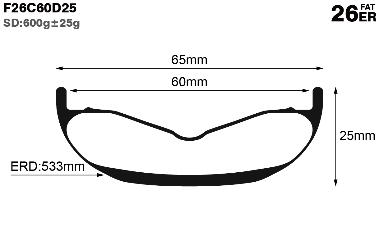 26er-I60-D25-symmetric-fat-bike-hookless-tubuless-carbon-rims-and-wheels-profile-drawing