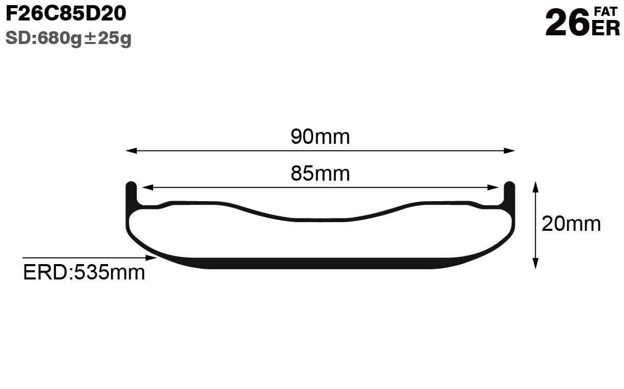 26er-I85-D20-symmetric-fat-bike-hookless-tubuless-carbon-rims-and-wheels-profile-drawing
