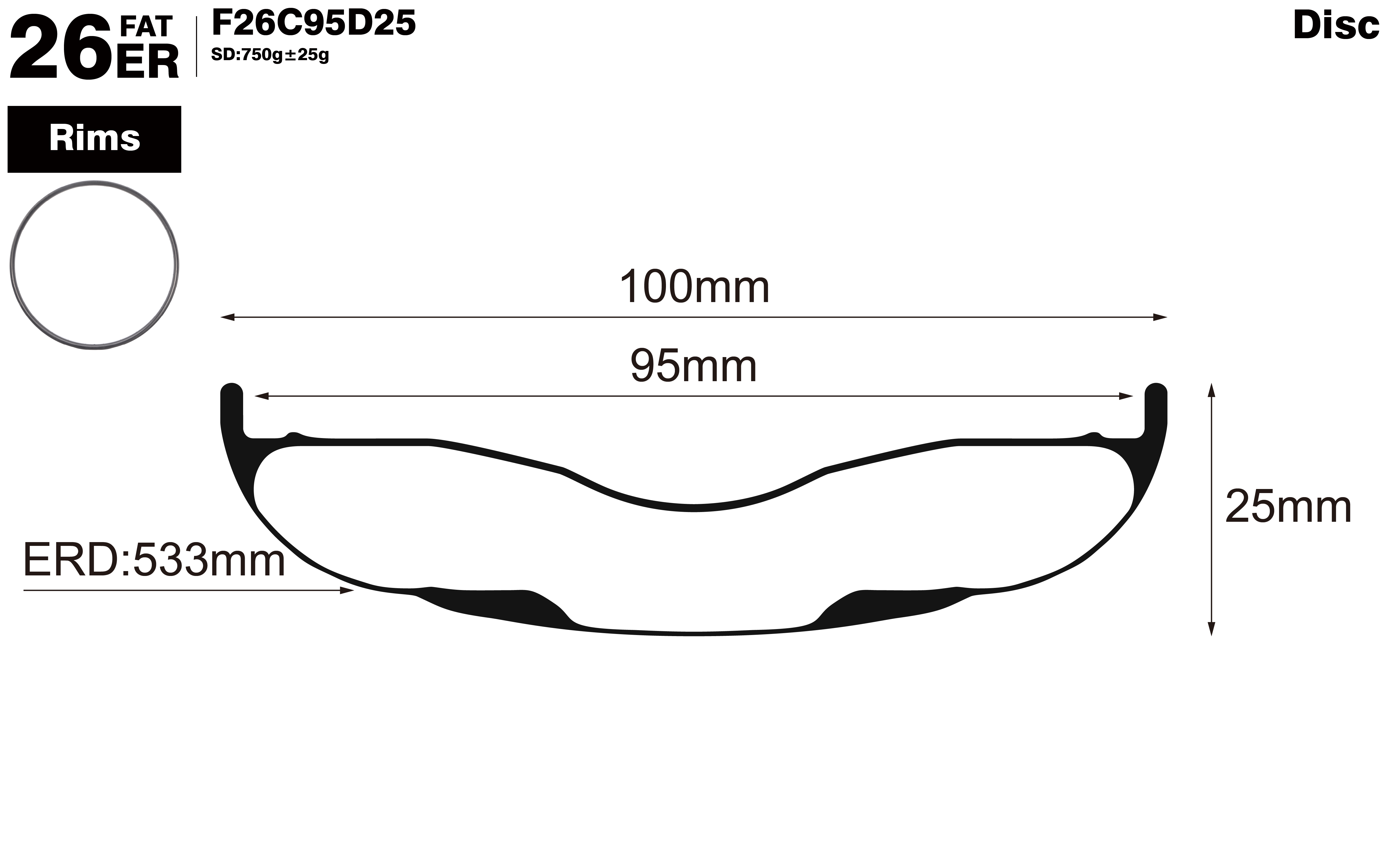 26er-I95-D25-symmetric-fat-bike-hookless-tubuless-carbon-rims-profile-drawing