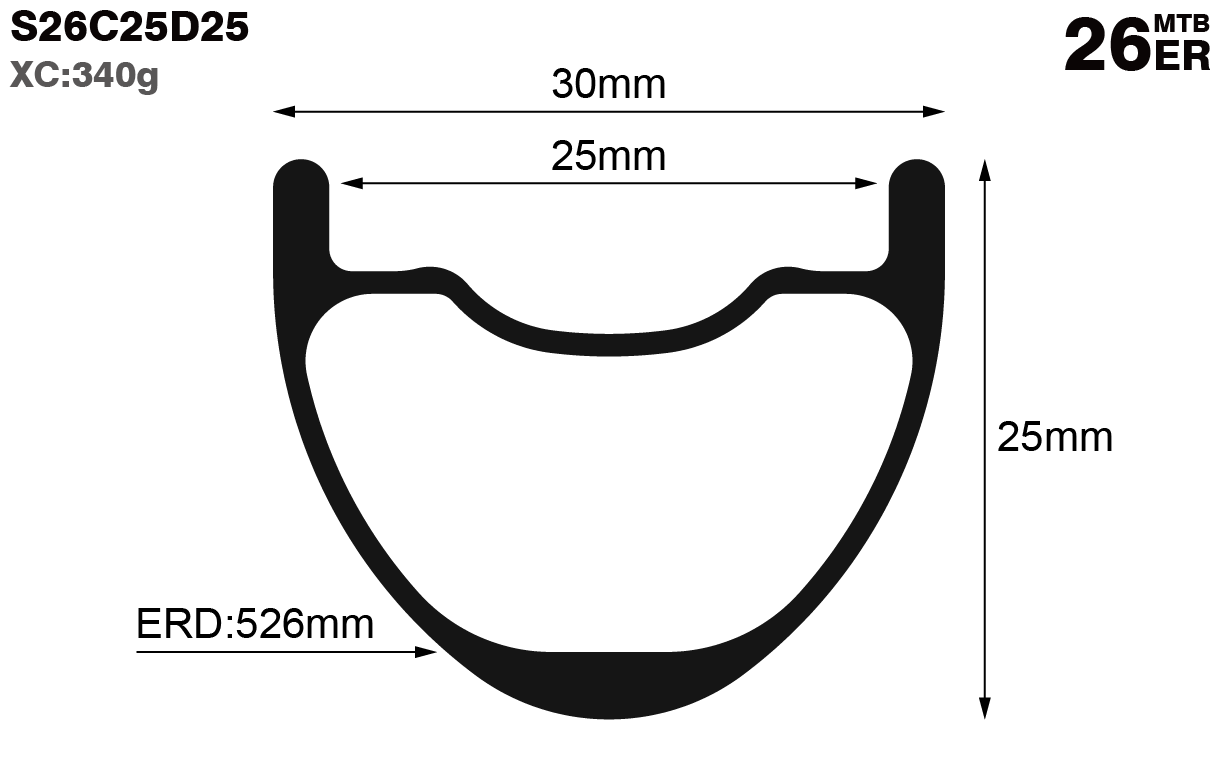 26er-I25-D25-symmetric-mountain-bike-hookless-XC-carbon-rims-and-wheels-profile-drawing