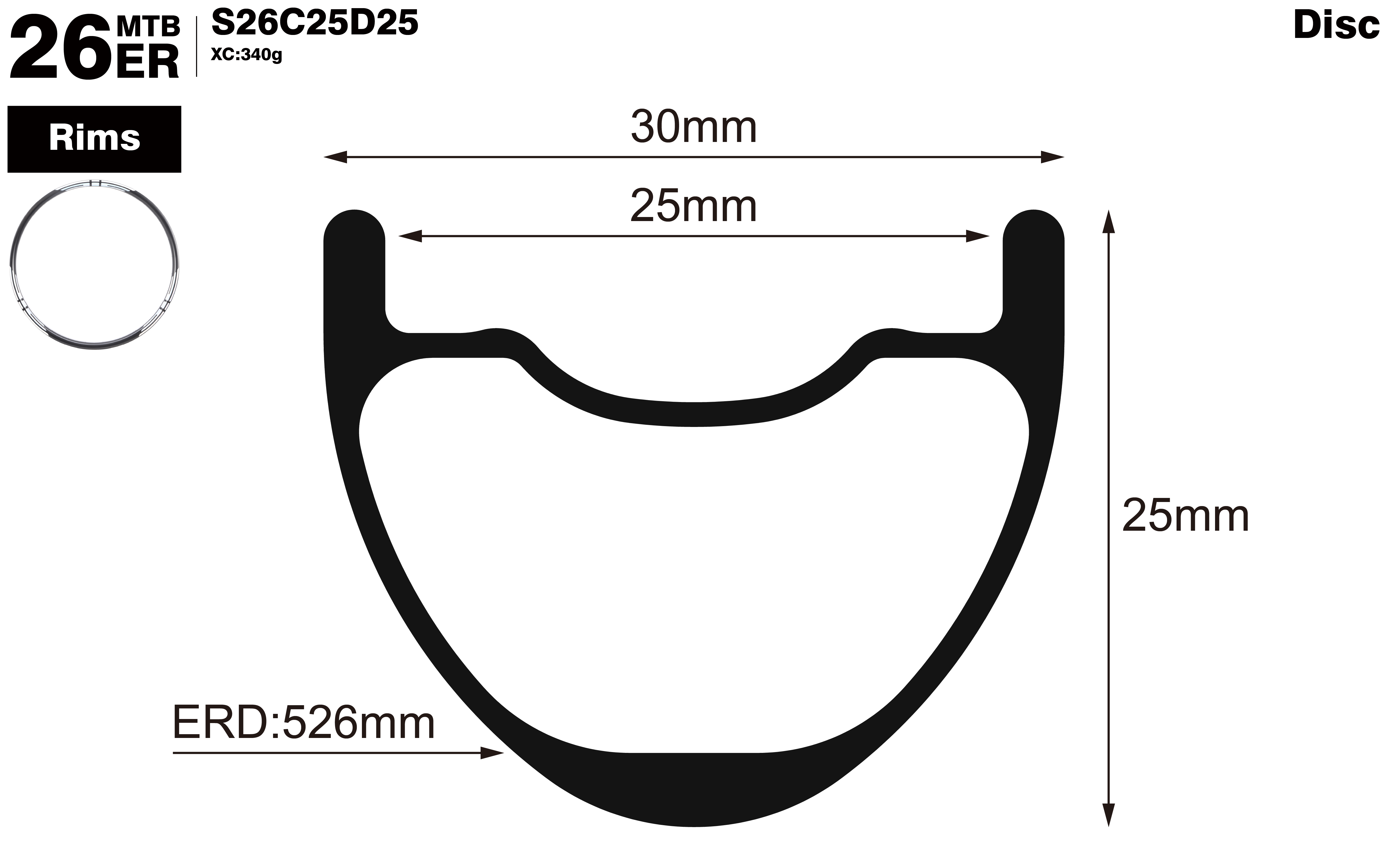 26er-I25-D25-symmetric-mountain-bike-hookless-XC-carbon-rims-profile-drawing