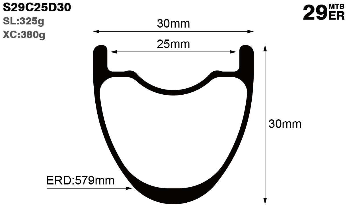 29er-I25-D30-symmetric-mountain-bike-hookless-XC-carbon-rims-and-wheels-profile-drawing
