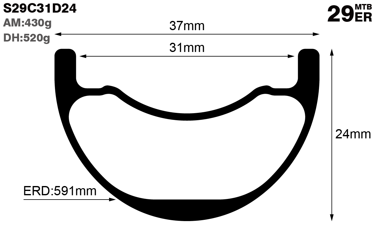 29er-I31-D24-symmetric-mountain-bike-hookless-AM-carbon-rims-and-wheels-profile-drawing