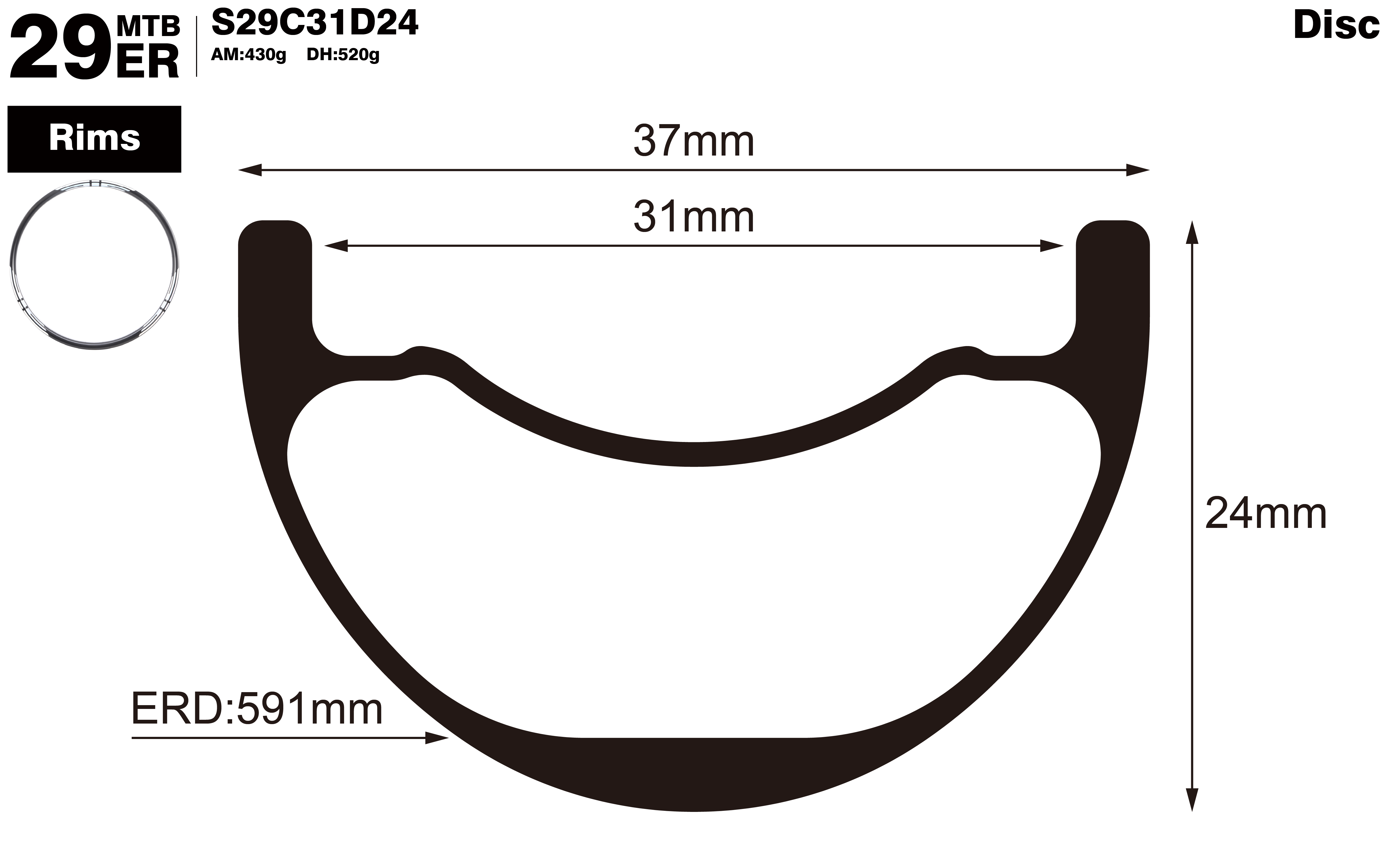 29er-I31-D24-symmetric-mountain-bike-hookless-AM-carbon-rims-profile-drawing