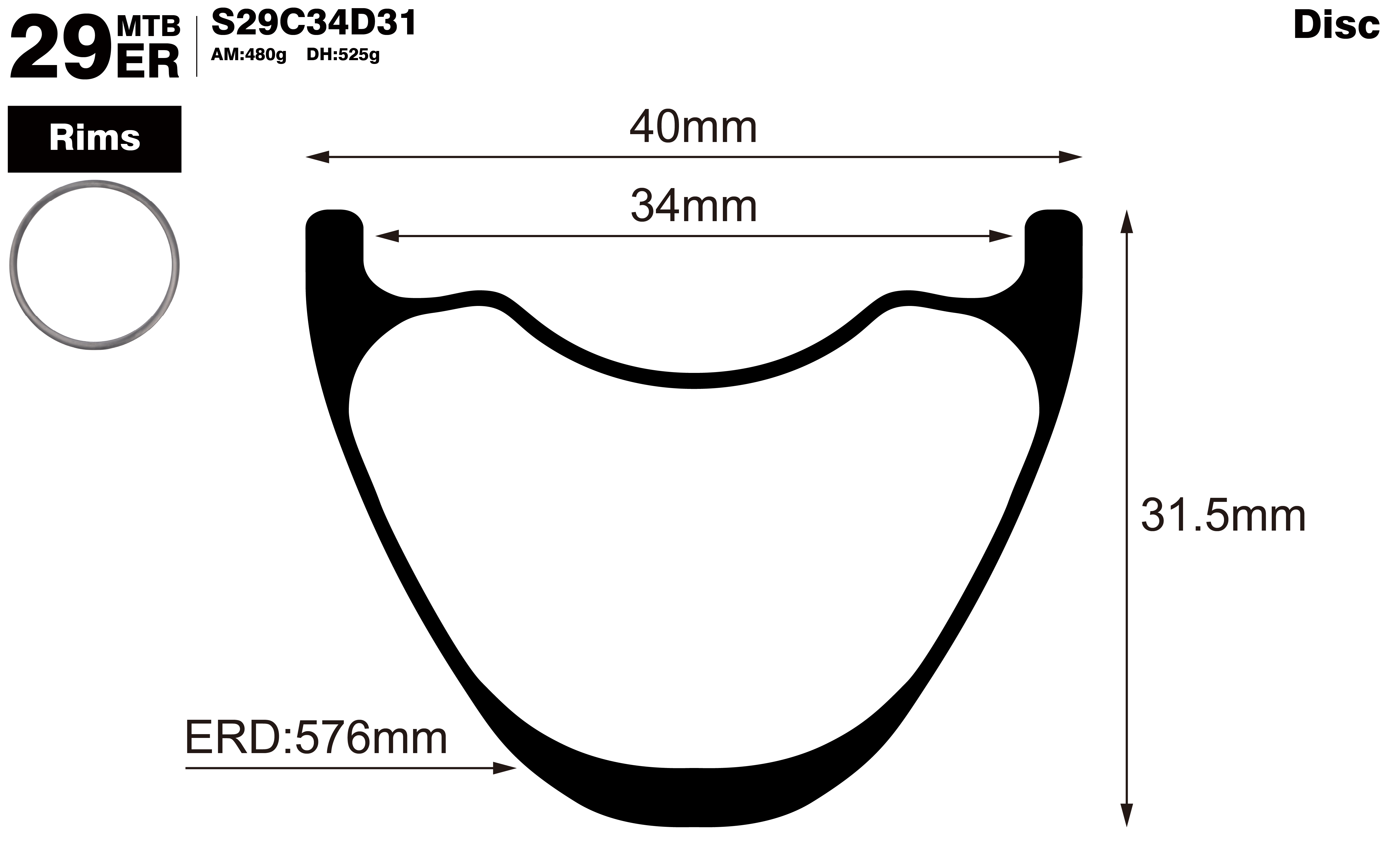 29er-I34-D31-symmetric-mountain-bike-hookless-DH-carbon-rims-profile-drawing