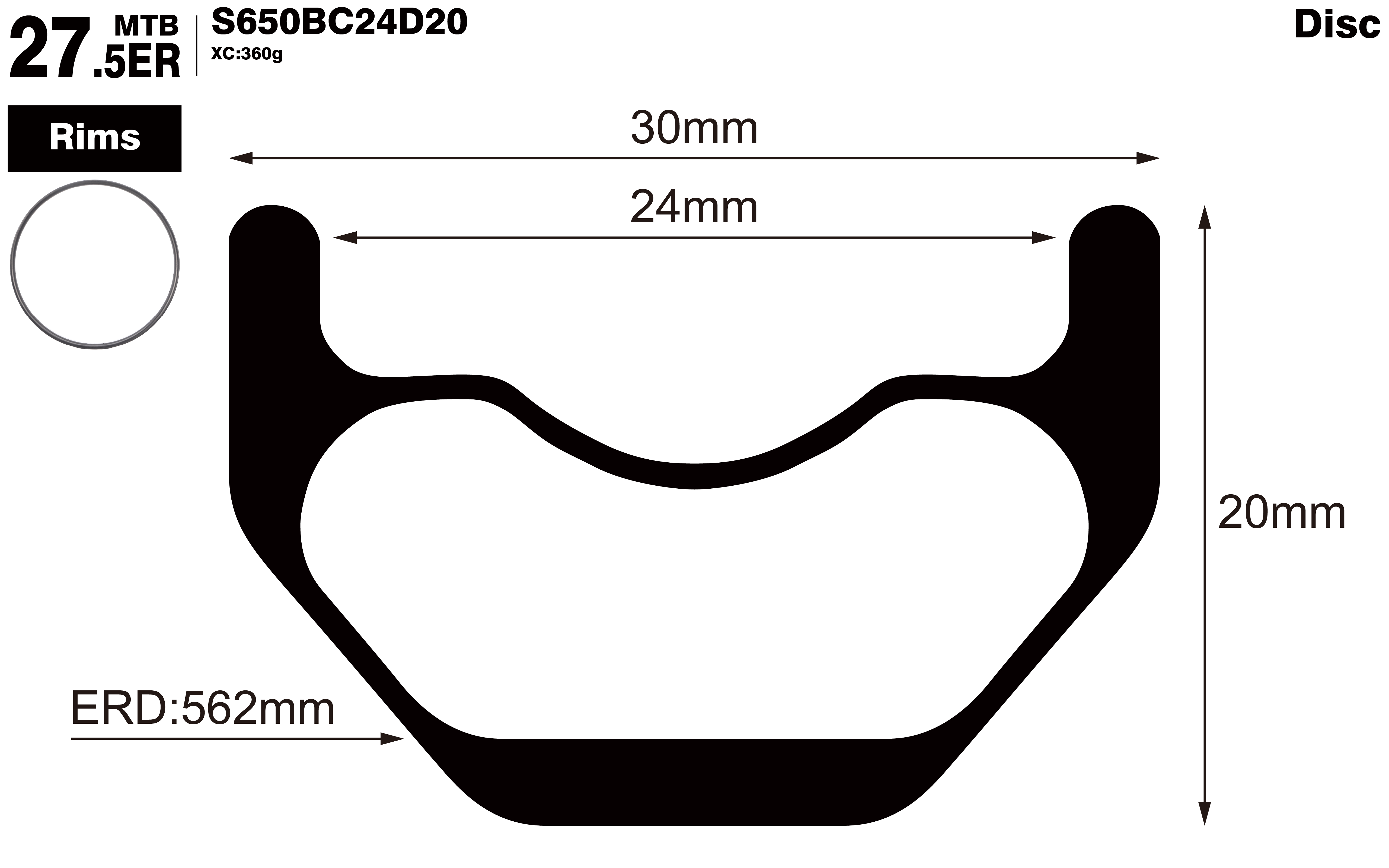 27.5er-I24-D20-symmetric-mountain-bike-hookless-XC-carbon-rims-profile-drawing