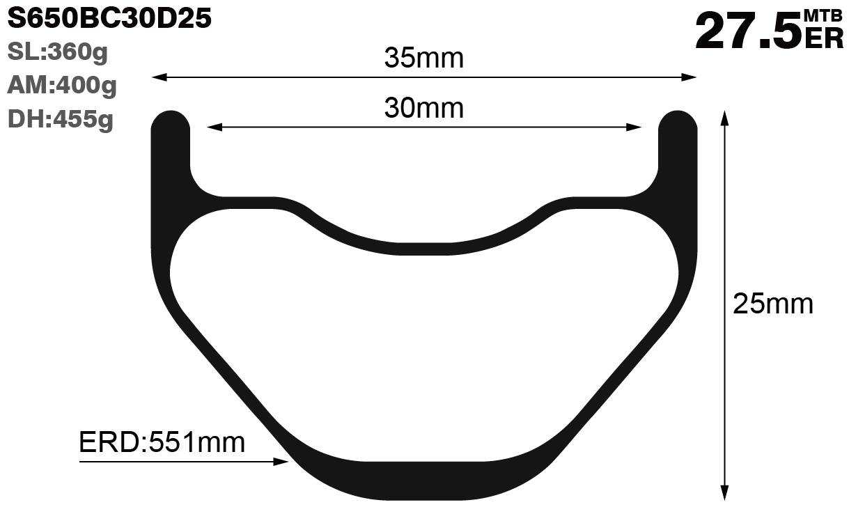 27.5er-I30-D25-symmetric-mountain-bike-hookless-AM-carbon-rims-and-wheels-profile-drawing