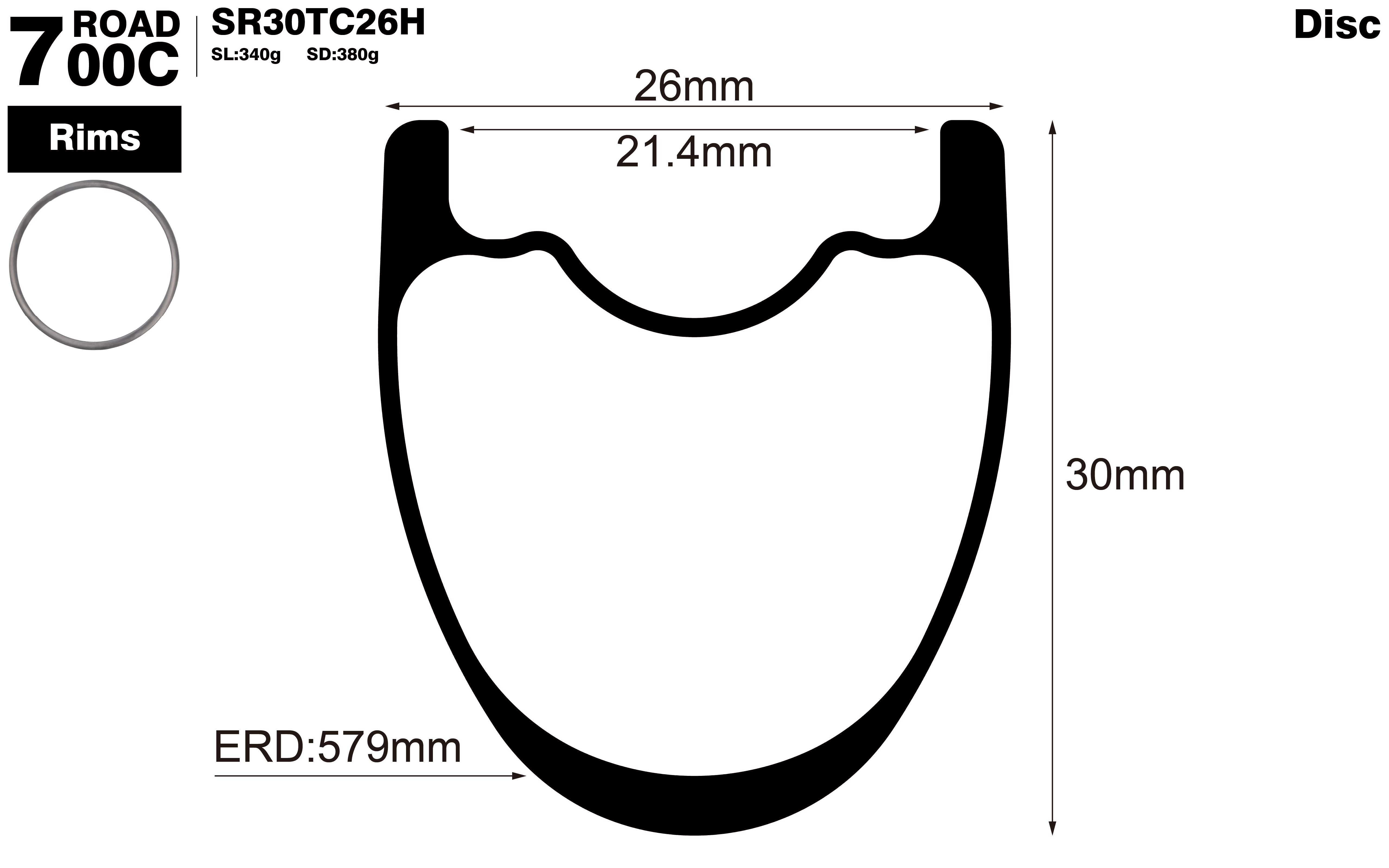 700c-I21.4-D30-symmetric-road-bike-hookless-tubeless-carbon-rims-profile-drawing