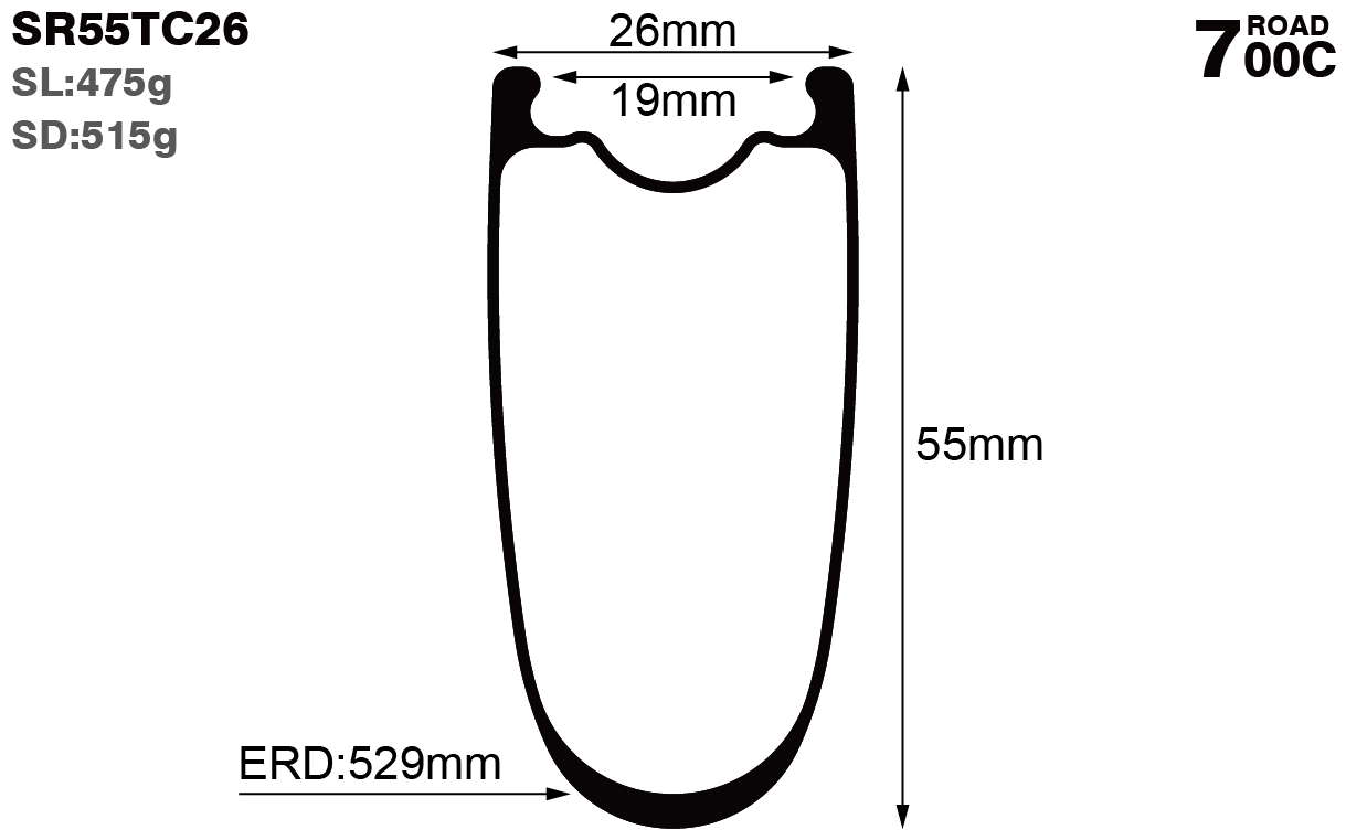 700C-I19-D55-symmetric-road-bike-clincher-carbon-rims-and-wheels-profile-drawing