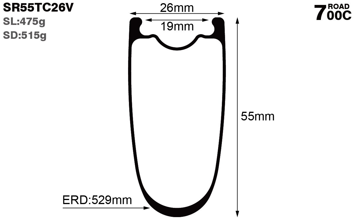 700C-I19-D55-symmetric-road-bike-clincher-carbon-rims-and-wheels-profile-drawing