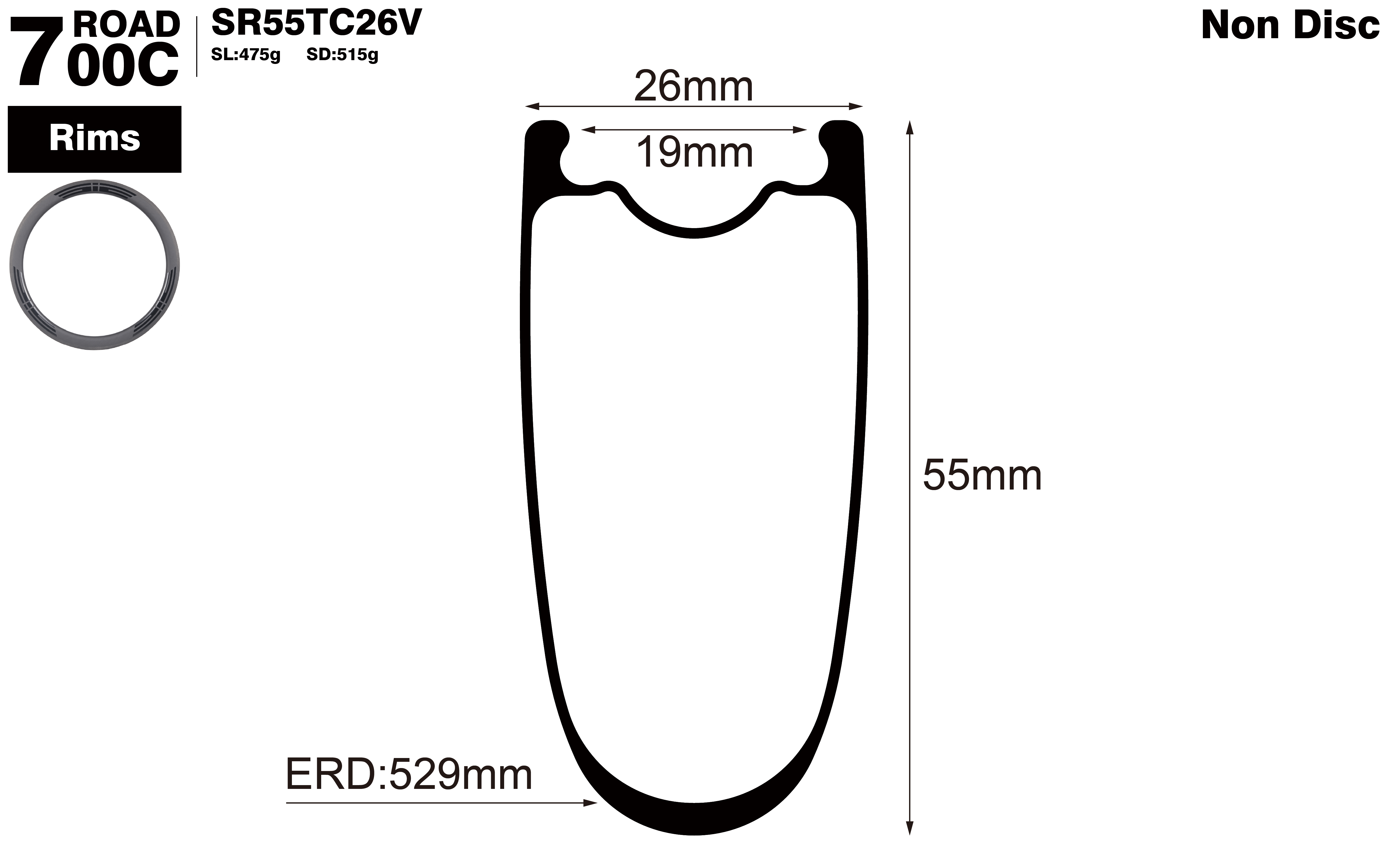 700C-I19-D55-symmetric-road-bike-clincher-carbon-rims-profile-drawing