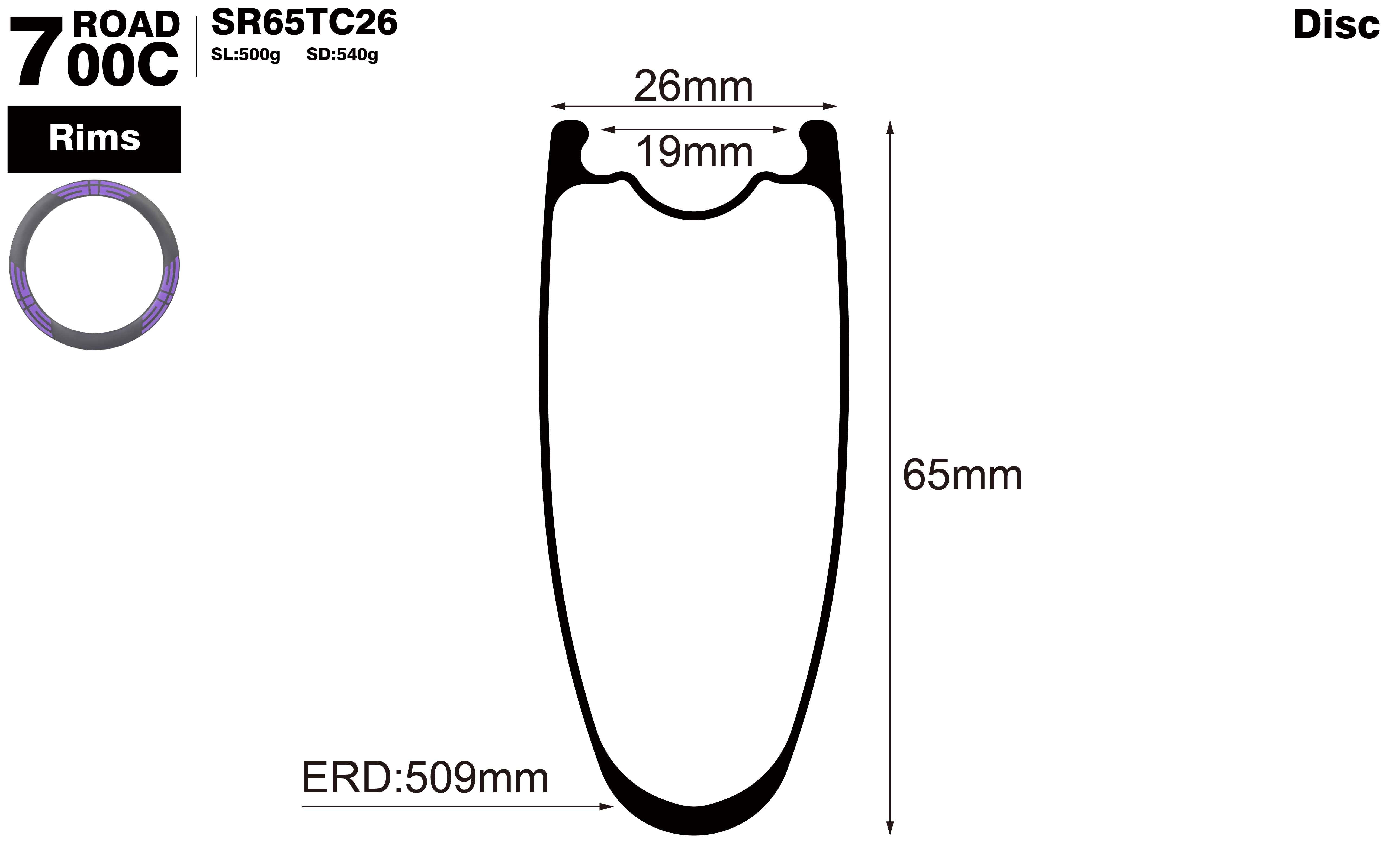 700c-I19-D65-symmetric-road-bike-tubeless-carbon-rims-profile-drawing
