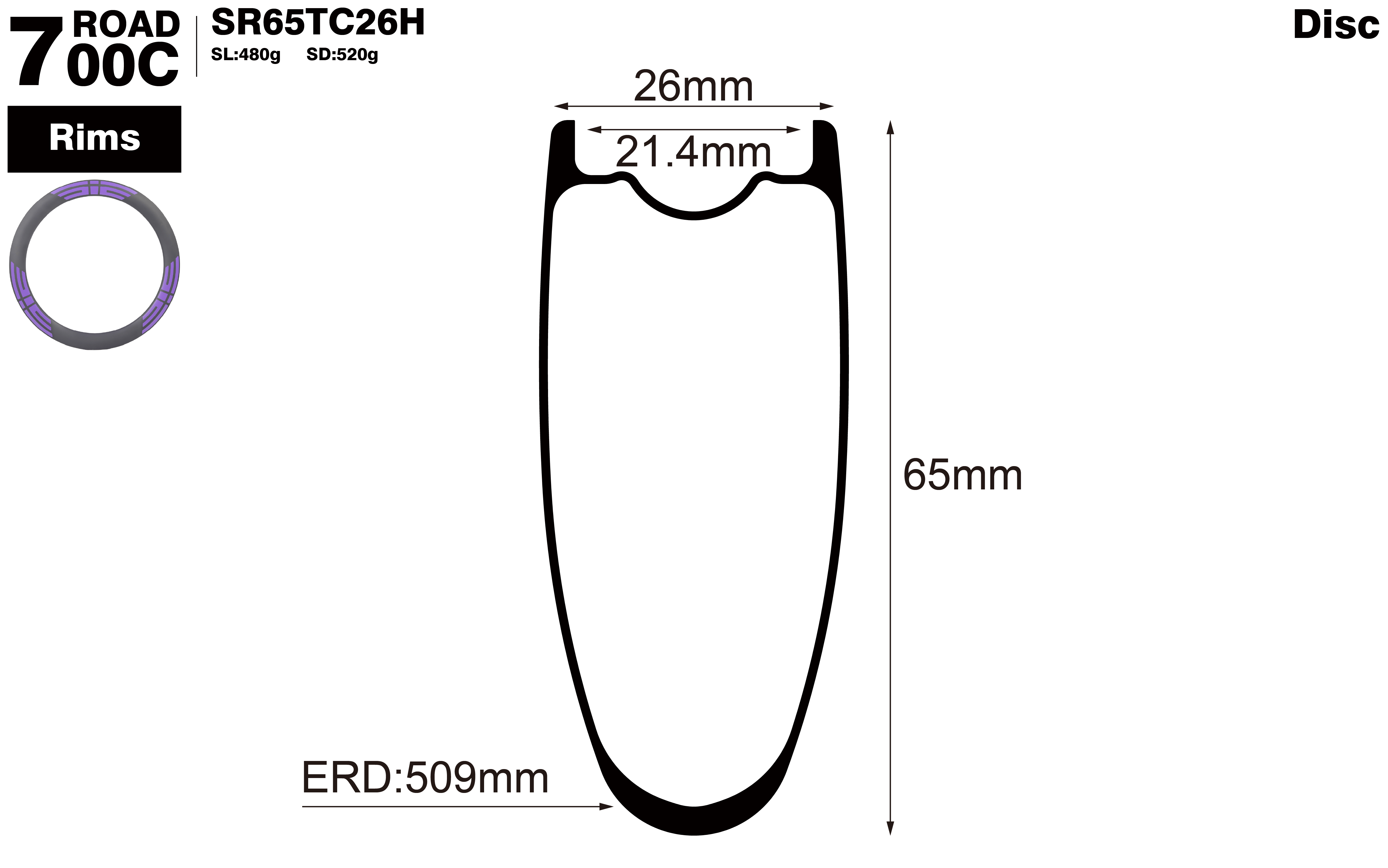 700C-I21.4-D65-symmetric-road-bike-hookless-clincher-carbon-rims-profile-drawing