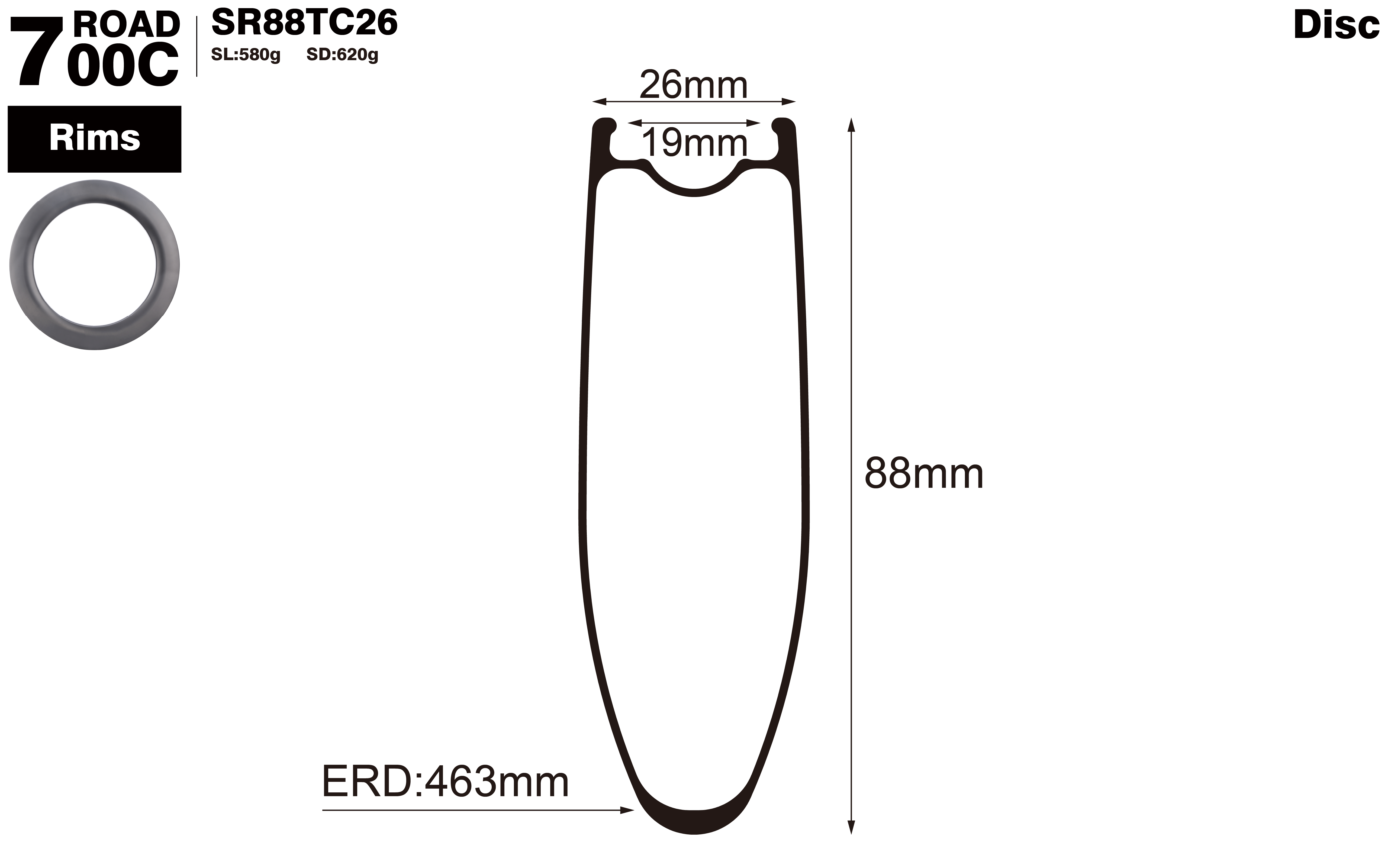700C-I19-D88-symmetric-road-bike-clincher-carbon-rims-profile-drawing