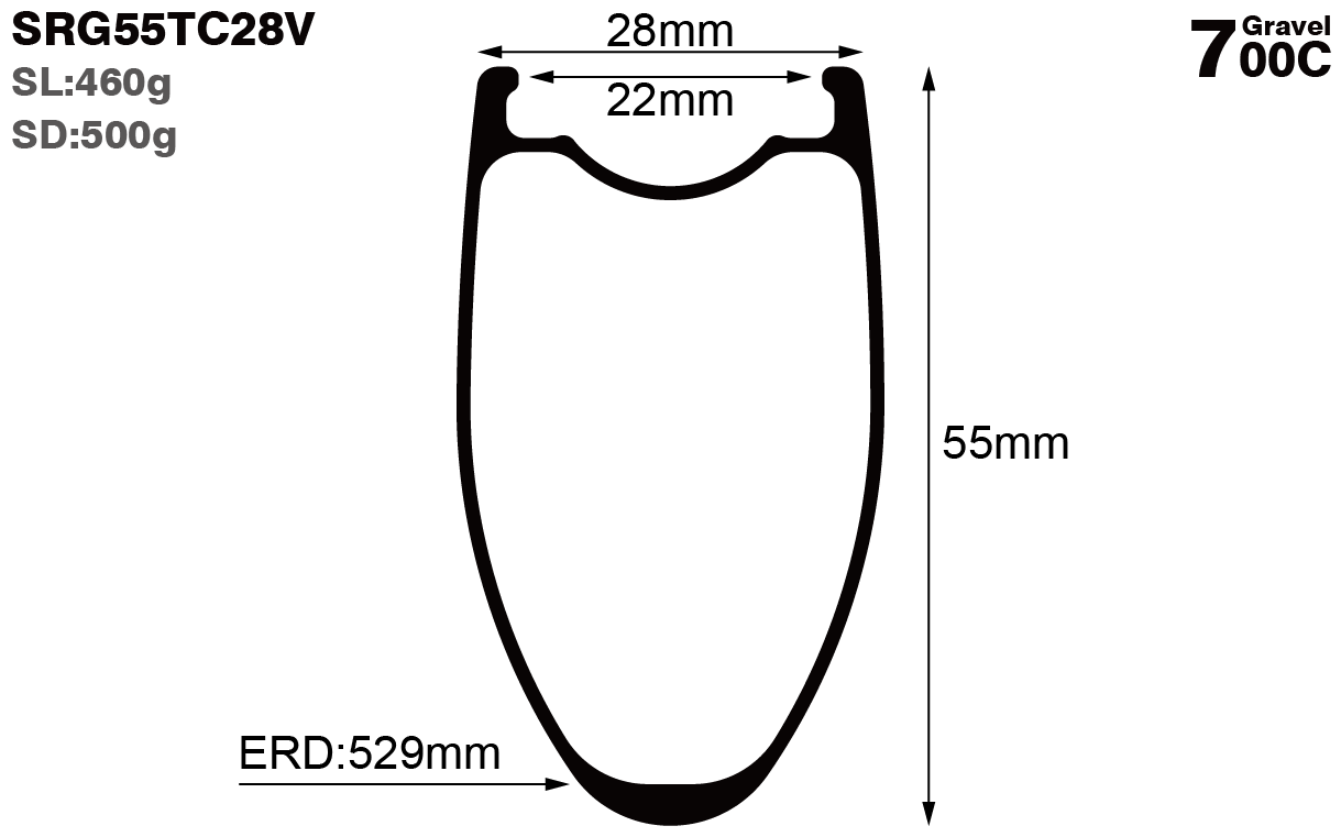 700C-I22-D55-symmetric-road-bike-clincher-carbon-hook-rims-and-wheels-profile-drawing