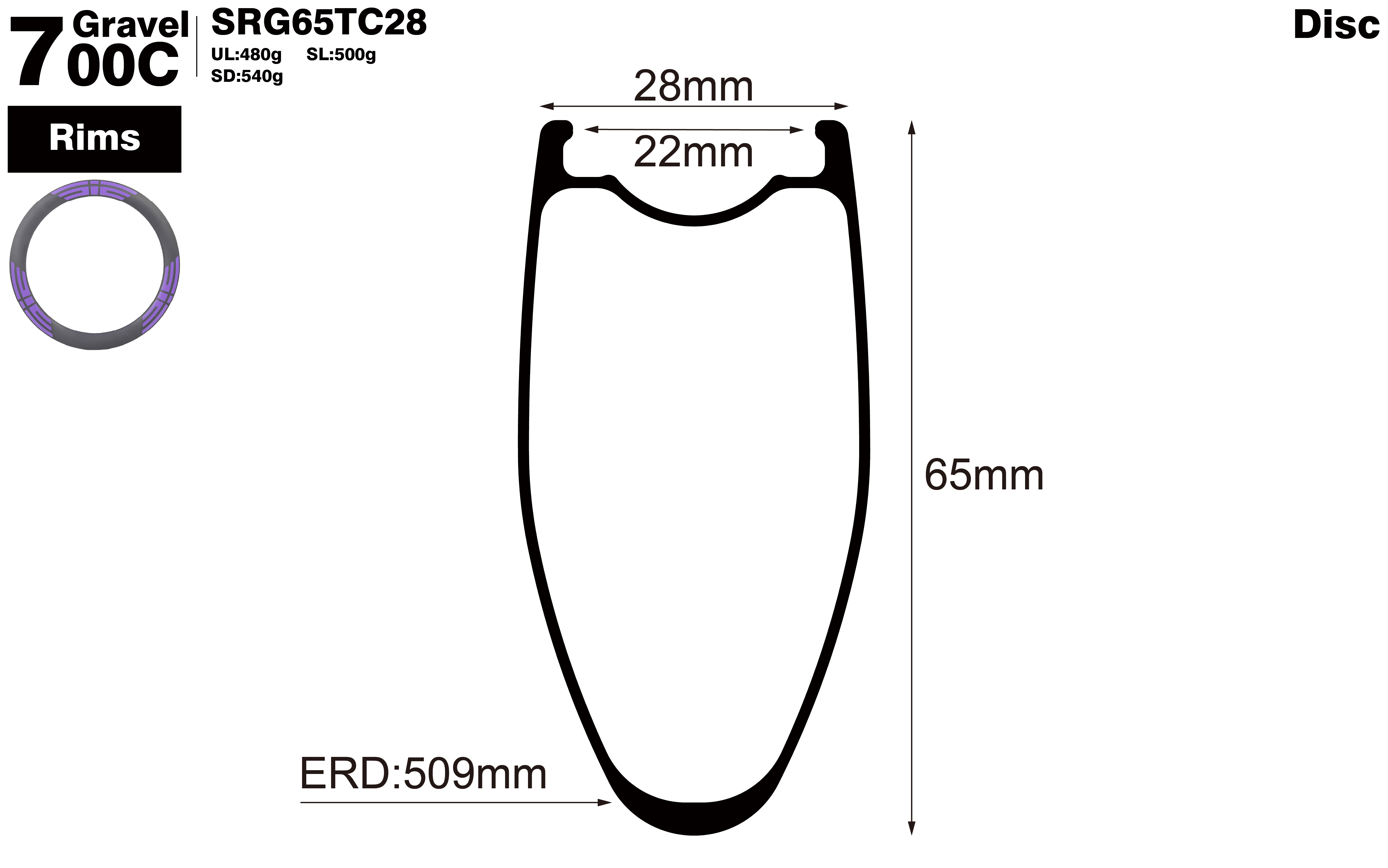 700C-I22-D65-symmetric-road-bike-clincher-carbon-rims-profile-drawing