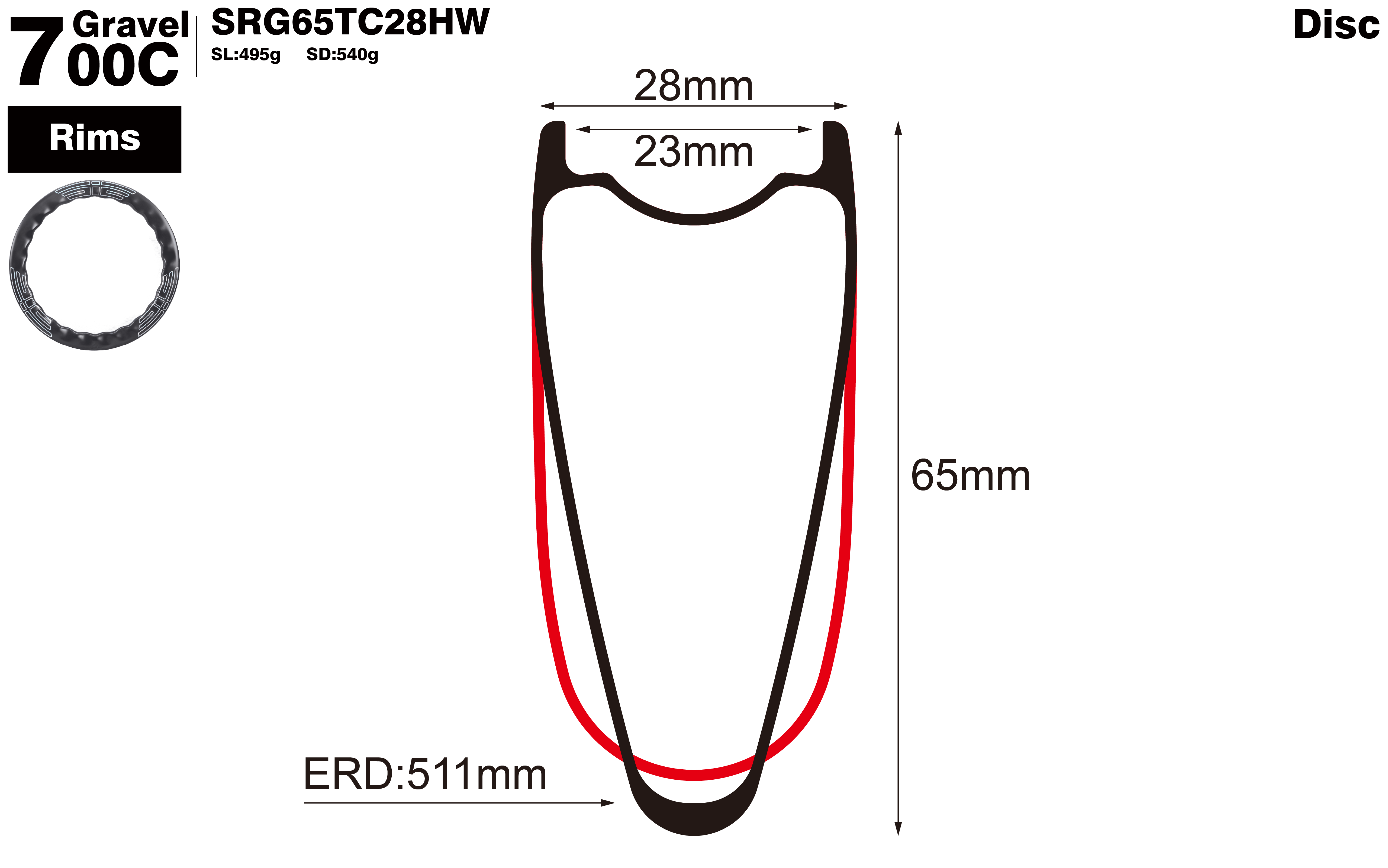 700C-I23-D65-symmetric-road-bike-hookless-clincher-carbon-rims-profile-drawing