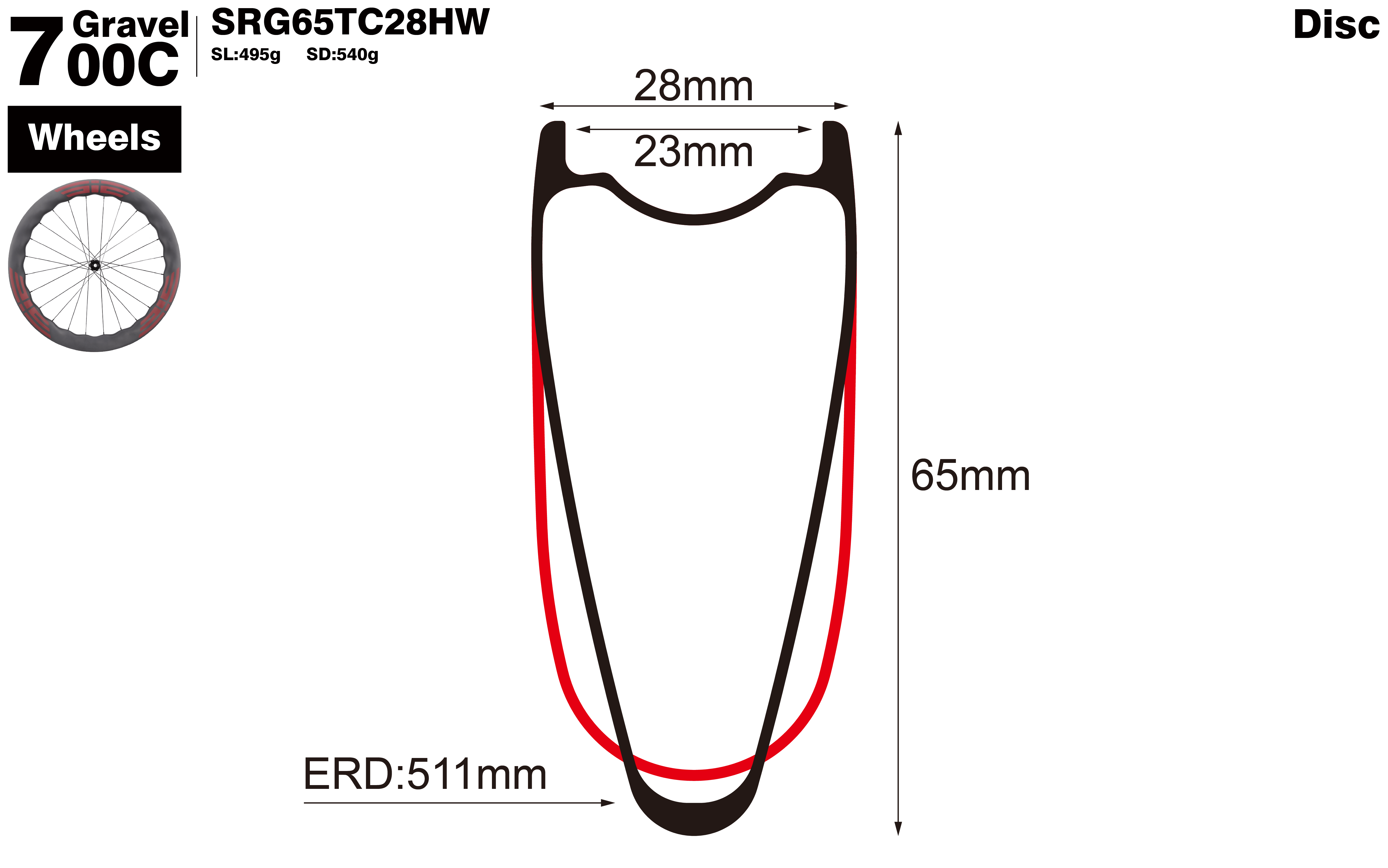 700C-I23-D65-symmetric-road-bike-hookless-clincher-carbon-wheels-profile-drawing