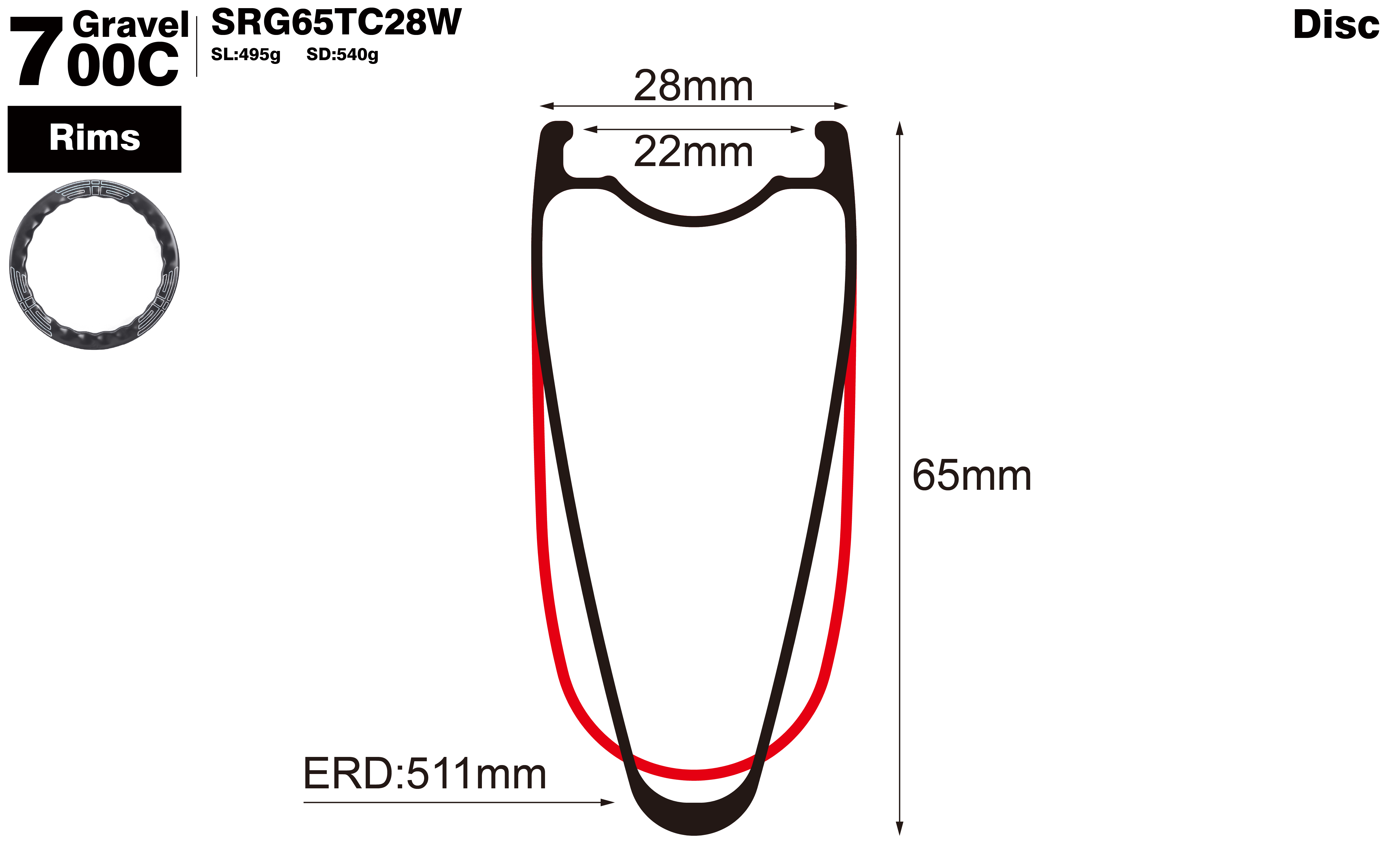 700C-I22-D65-symmetric-road-bike-gravel-carbon-rims-profile-drawing